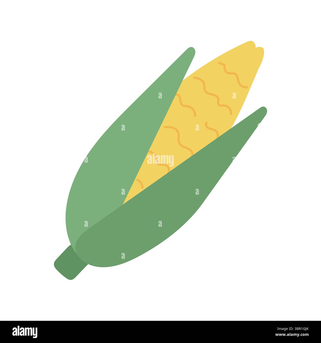Pannocchie di mais gialle con buccia verde in allegro stile cartoni animati, ideale per immagini di raccolto, grafica a tema fattoria o illustrazioni di cibi sani Illustrazione Vettoriale