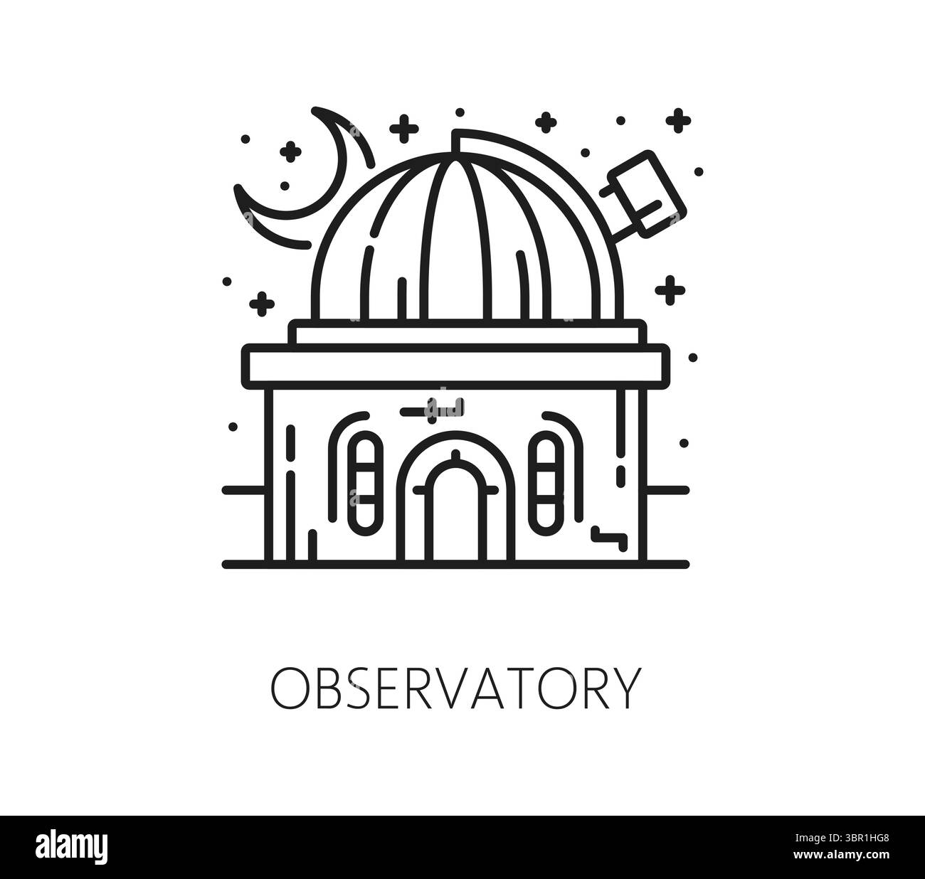 Edificio dell'osservatorio spaziale e icona della linea cosmo. Galaxy Outerspace viaggia con un'icona vettoriale a linee sottili, ricerca spaziale o scoperta di un simbolo lineare. L'esplorazione COSMOS delinea il pittogramma o il segno astronomico Illustrazione Vettoriale