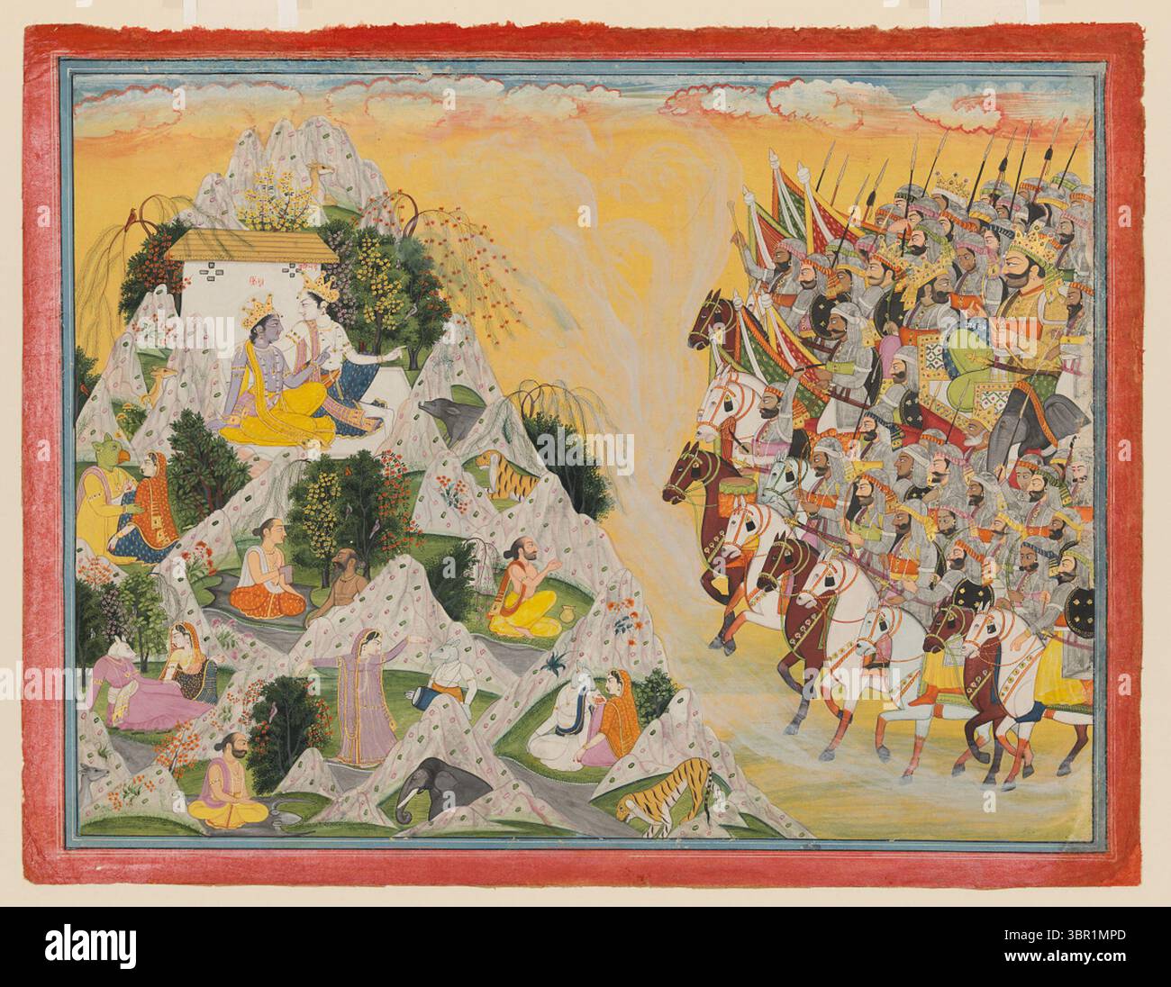 Illustrazione dell'esercito di Jarasandha che avanzava verso Krishna e Balarama, da un folio di Mahabharata attribuito a Purkhu, maestro pittore della scuola di Kangra. Seduti pacificamente sulle montagne, Krishna e Balarama sembrano senza problemi come una nuvola di polvere segnala l'arrivo del massiccio esercito di Jarasandha, guidato dallo stesso re tirannico su un carro d'oro. Intorno ai fratelli divini ci sono saggi, asceti ed esseri celesti in un paesaggio himalayano simile a un gioiello. Creato intorno al 1800–1815 a Himachal Pradesh, India. Foto Stock