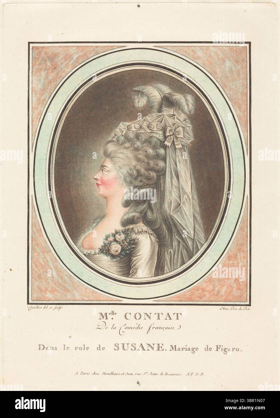 Ritratto di Mademoiselle Contat di F. Coutellier, francese, attivo 1782–1789. Questa incisione colorata a mano del XVIII secolo mostra la celebre attrice della Comédie-Francesca in profilo come Susane delle nozze di Figaro. Indossando un'elaborata acconciatura di piume e un abito elegante con corsage floreale, incarna lo stile teatrale e la raffinatezza rococò. Foto Stock
