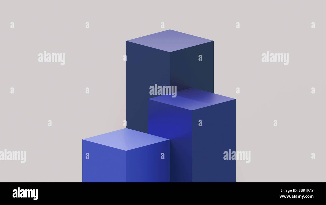 Scenografia in studio per l'esposizione del prodotto su sfondo bianco. Modello a piedistallo blu per i prodotti. Piedistallo su sfondo bianco. Foto Stock