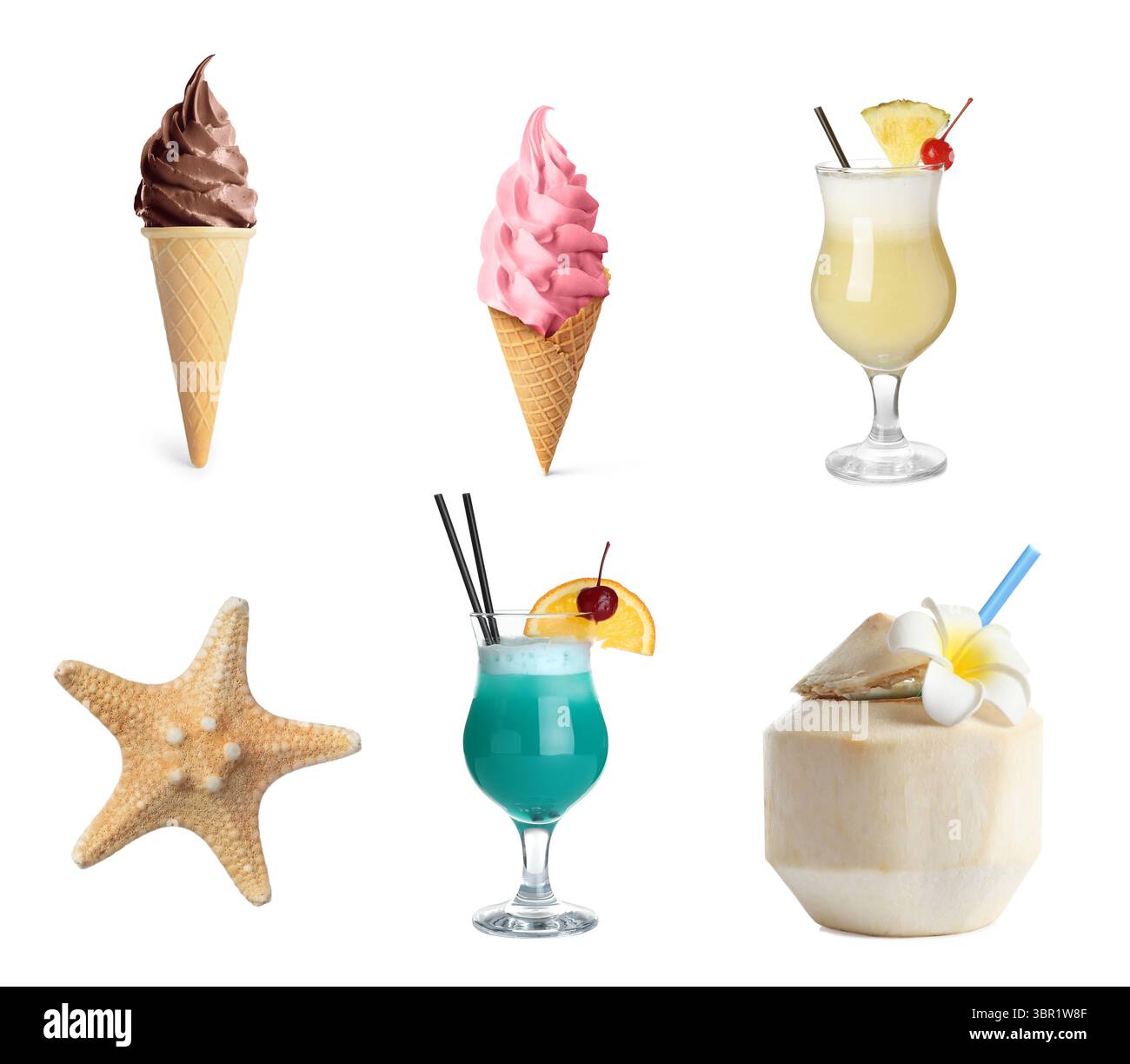 Cose relative all'estate su sfondo bianco, set Foto Stock