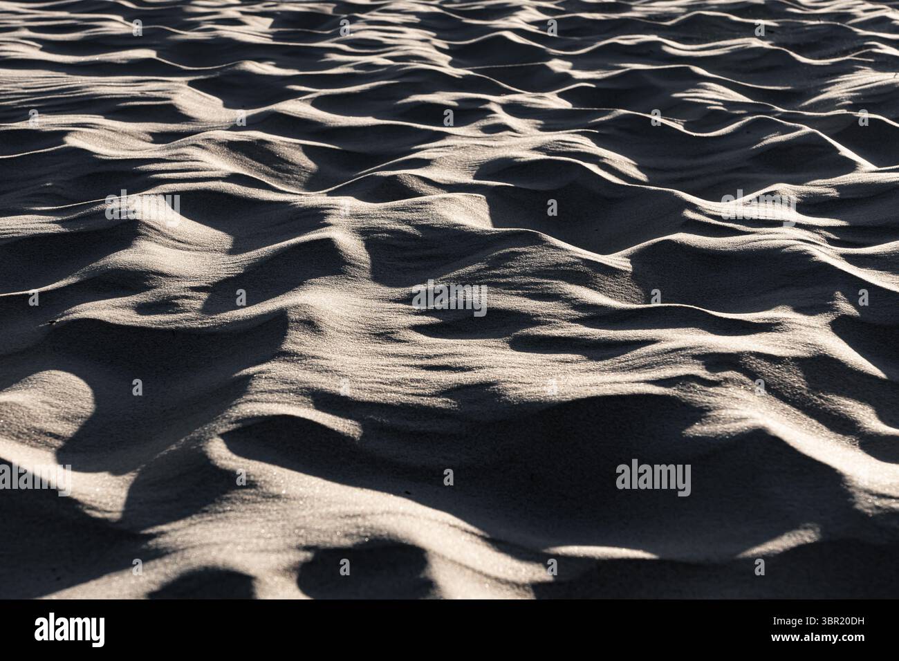 Primo piano di motivi di sabbia ondulata creati dal vento in un deserto, formando linee e texture astratte naturali. Foto Stock
