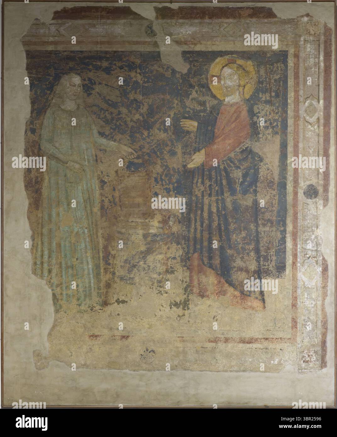 Affresco raffigurante Cristo e un santo al Museo Diocesano di Padova, Italia, del periodo rinascimentale, con iconografia religiosa. Foto Stock