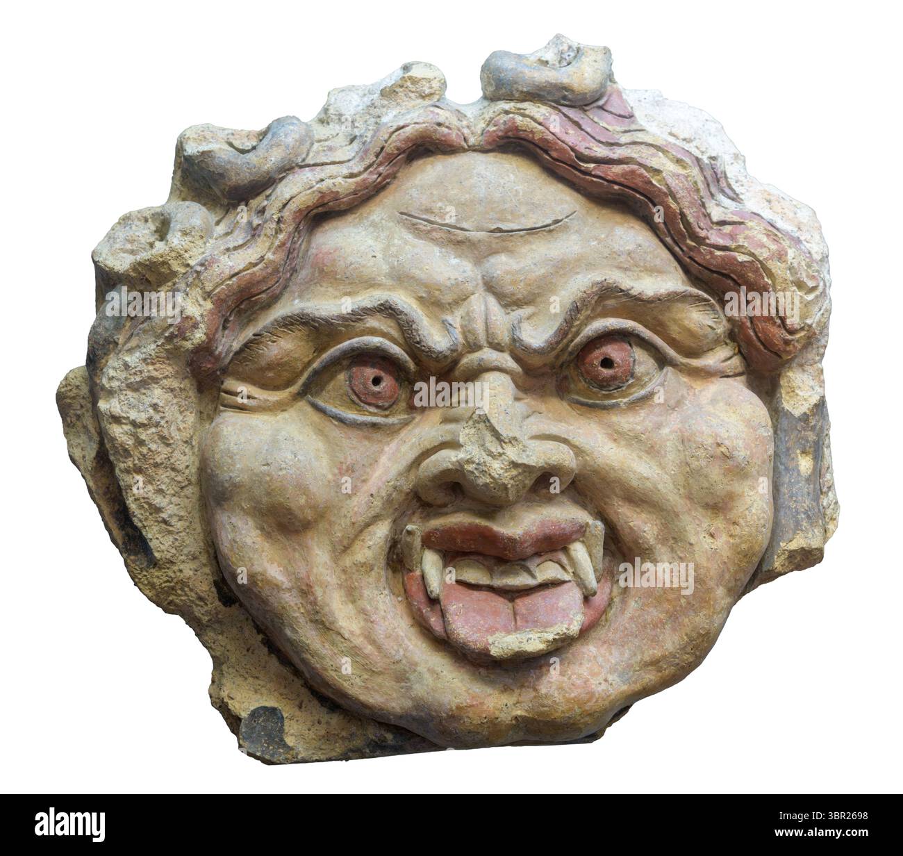 Maschera di Gorgone in terracotta del Tempio del Belvedere, IV secolo a.C. Esposto al Museo Claudio Faina, Orvieto, Italia. Foto Stock