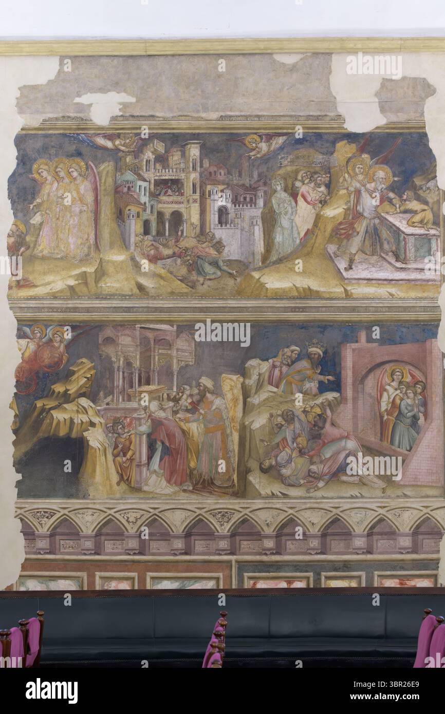 Affresco di Guariento raffigurante scene bibliche: Abramo e tre angeli, Sodoma e Gomorra, la moglie di Lot, il sacrificio di Isacco, Elia nel carario ardente Foto Stock
