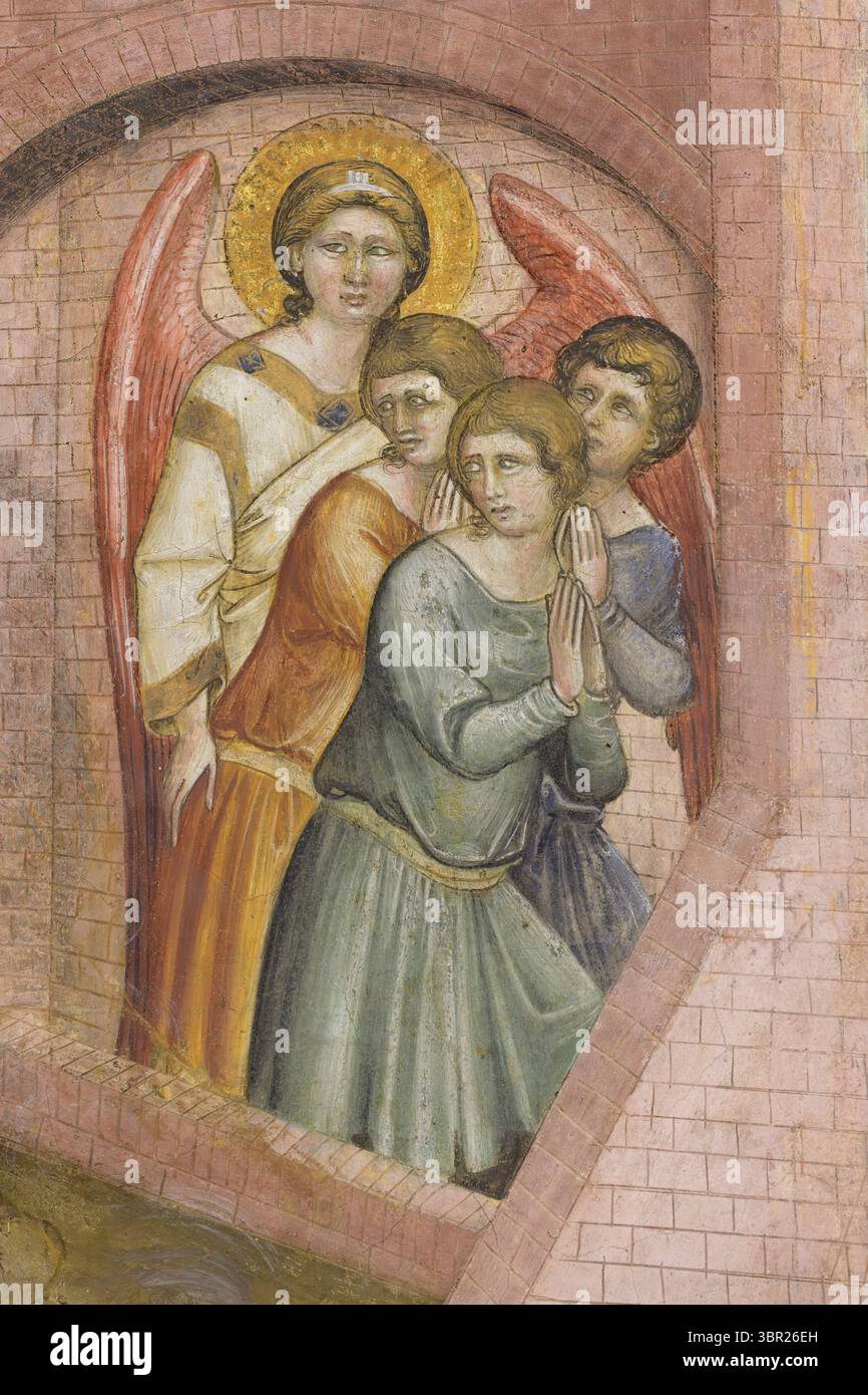 Dettaglio dell'affresco di Guariento raffigurante scene di Elia nel carro ardente e episodi del Libro di Daniele. Reggia Carrarese, Padova, Italia. Foto Stock