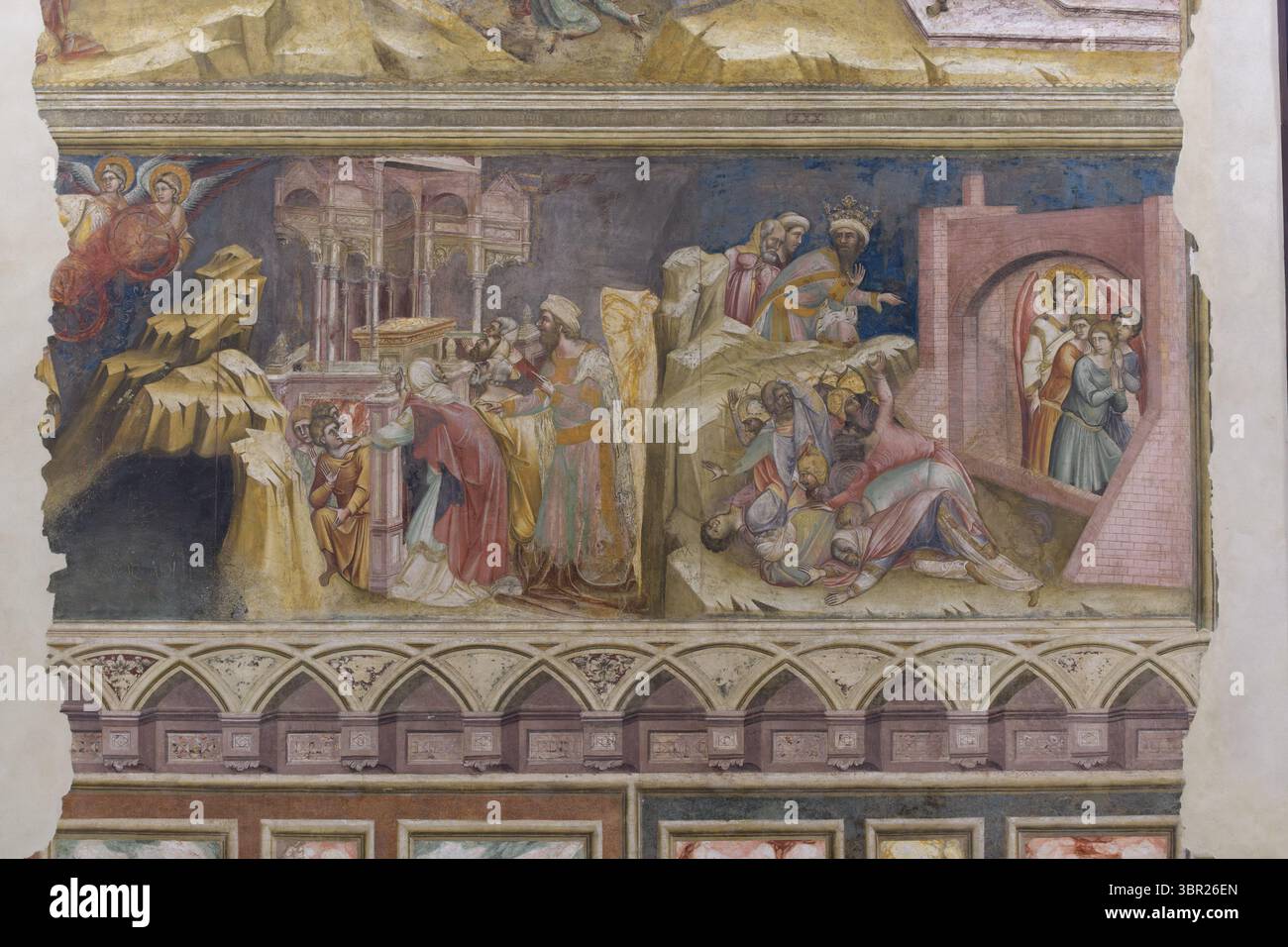 Affresco di Guariento raffigurante Elia nel carro ardente e gli episodi del Libro di Daniele. Situato nella Reggia Carrarese, Padova, Italia. Foto Stock