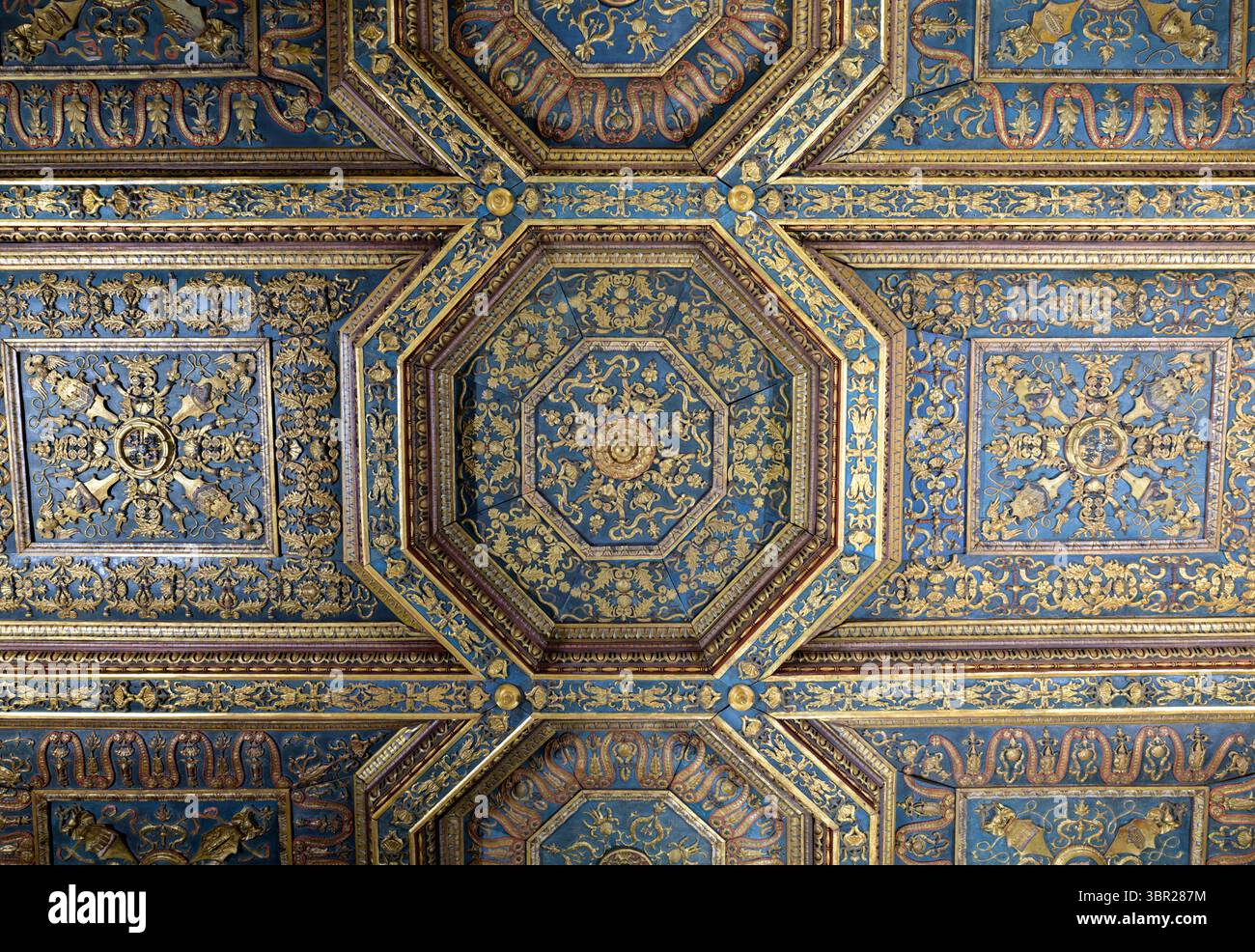 Soffitto rinascimentale decorato con stucchi dorati e pannelli blu provenienti da sala degli Stucchi, Palazzo Schifanoia, Ferrara, Italia. Foto Stock