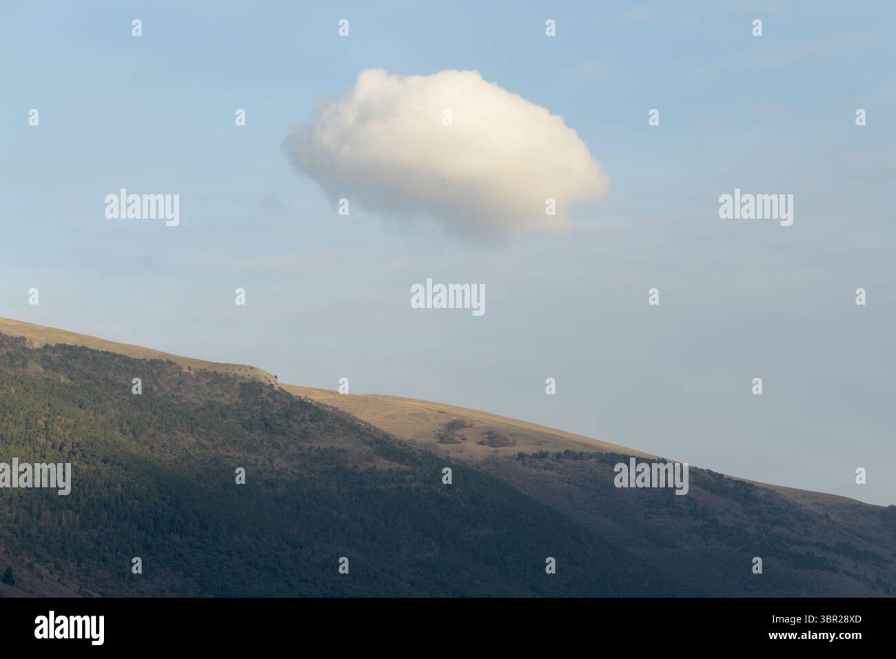 Nuvola bianca isolata su un pendio verde boscoso in Umbria, Italia, vicino ad Assisi. Foto Stock