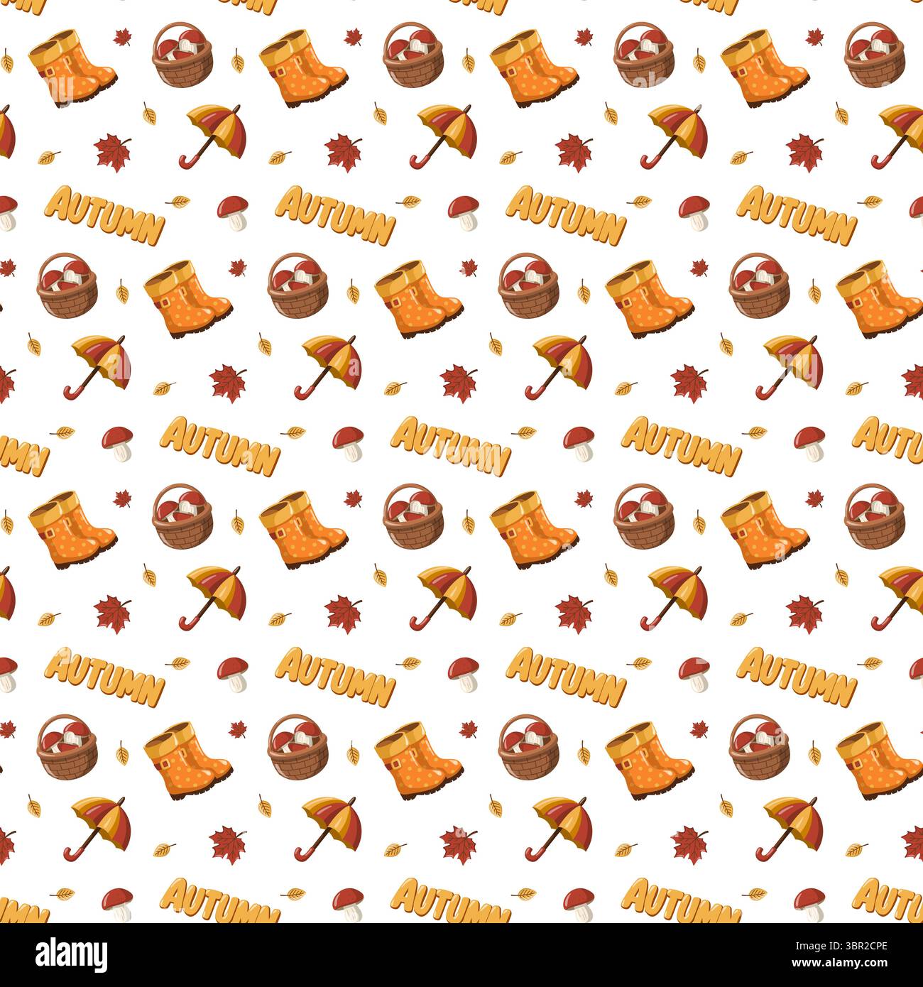Motivo autunnale senza cuciture con stivali, ombrello, funghi, cestino e testo autunnale. Ritorno a scuola sfondo vettoriale dei cartoni animati. Illustrazione Vettoriale