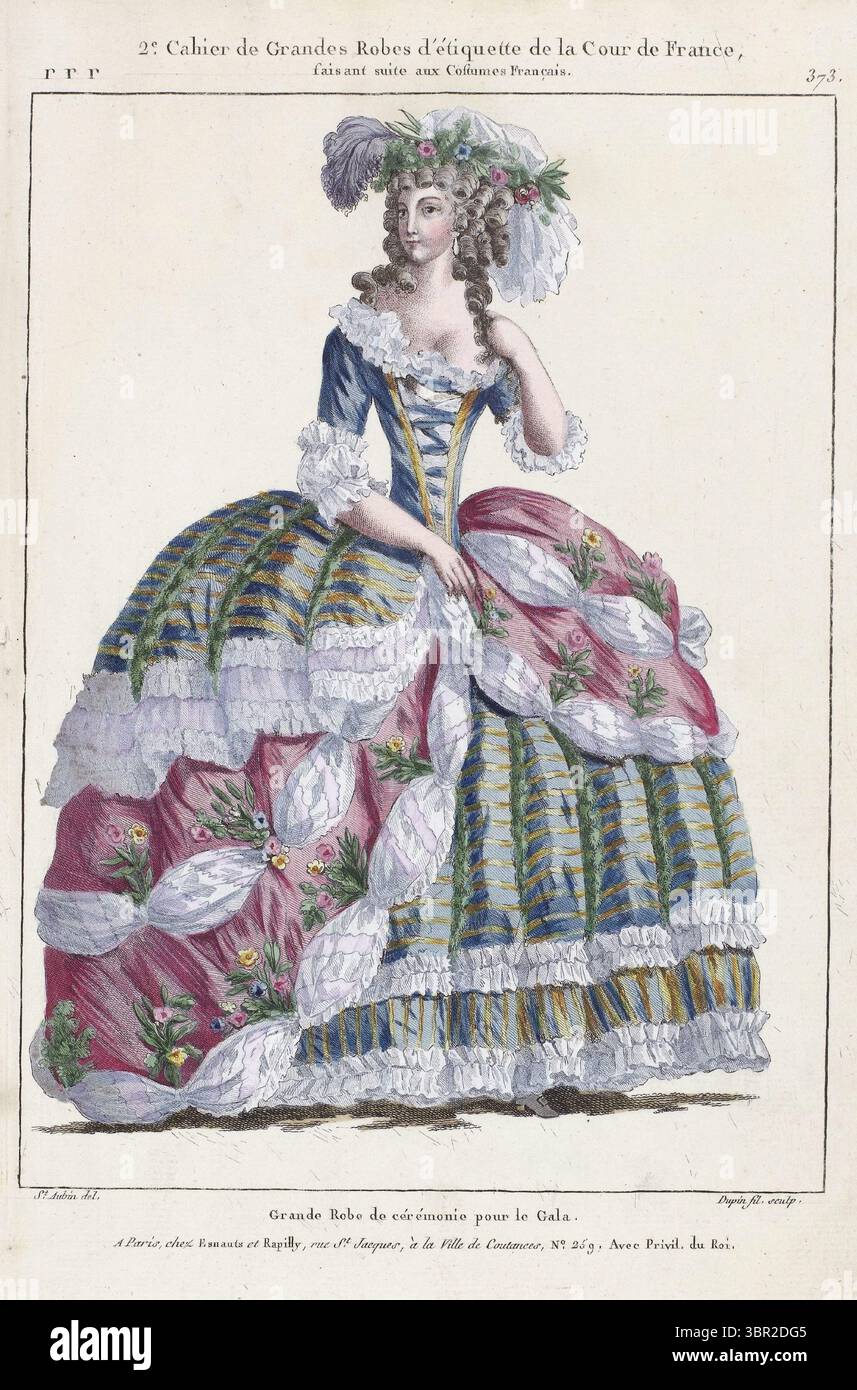 Costume da donna dalla Galleria delle mode e dei costumi Francia 1787, Grand Robe de Ceremone, di Nicolas Dupin stampato da Augustin de saint Aubin pubblicato da Esnauts e Rapilly Paris Woman in a Galajapon per una cerimonia a corte Foto Stock