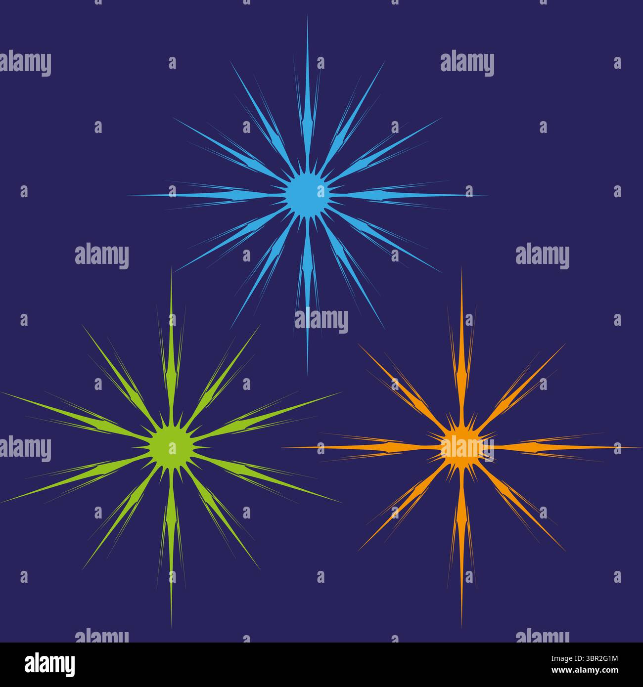 Iconografia cromatica Starburst. Supernovas triadiche splendenti. Vettore pirotecnico multicolore. Sfondo di mezzanotte dello zaffiro. Illustrazione Vettoriale
