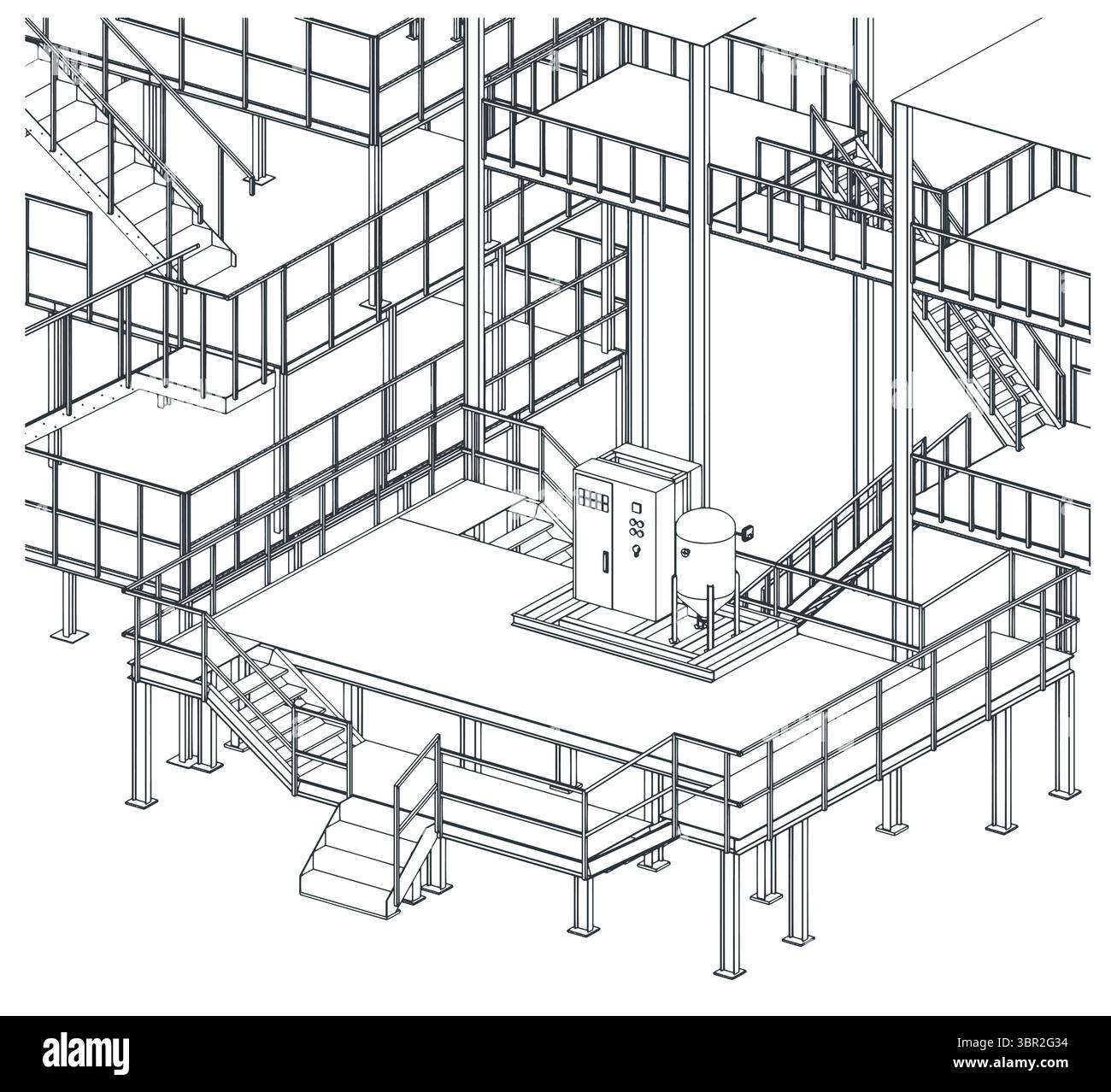 Produzione industriale con scale, piattaforme e attrezzature in metallo, illustrazione isometrica stilizzata del vettore Illustrazione Vettoriale