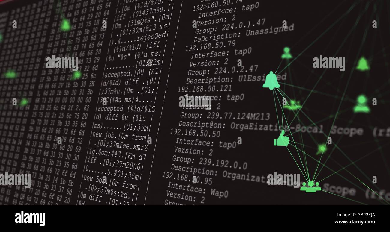 Le icone del grafico al neon si illuminano sull'interfaccia utente scura, con registri, campana, thumbs-up e sagome utente, spazio di copia Foto Stock