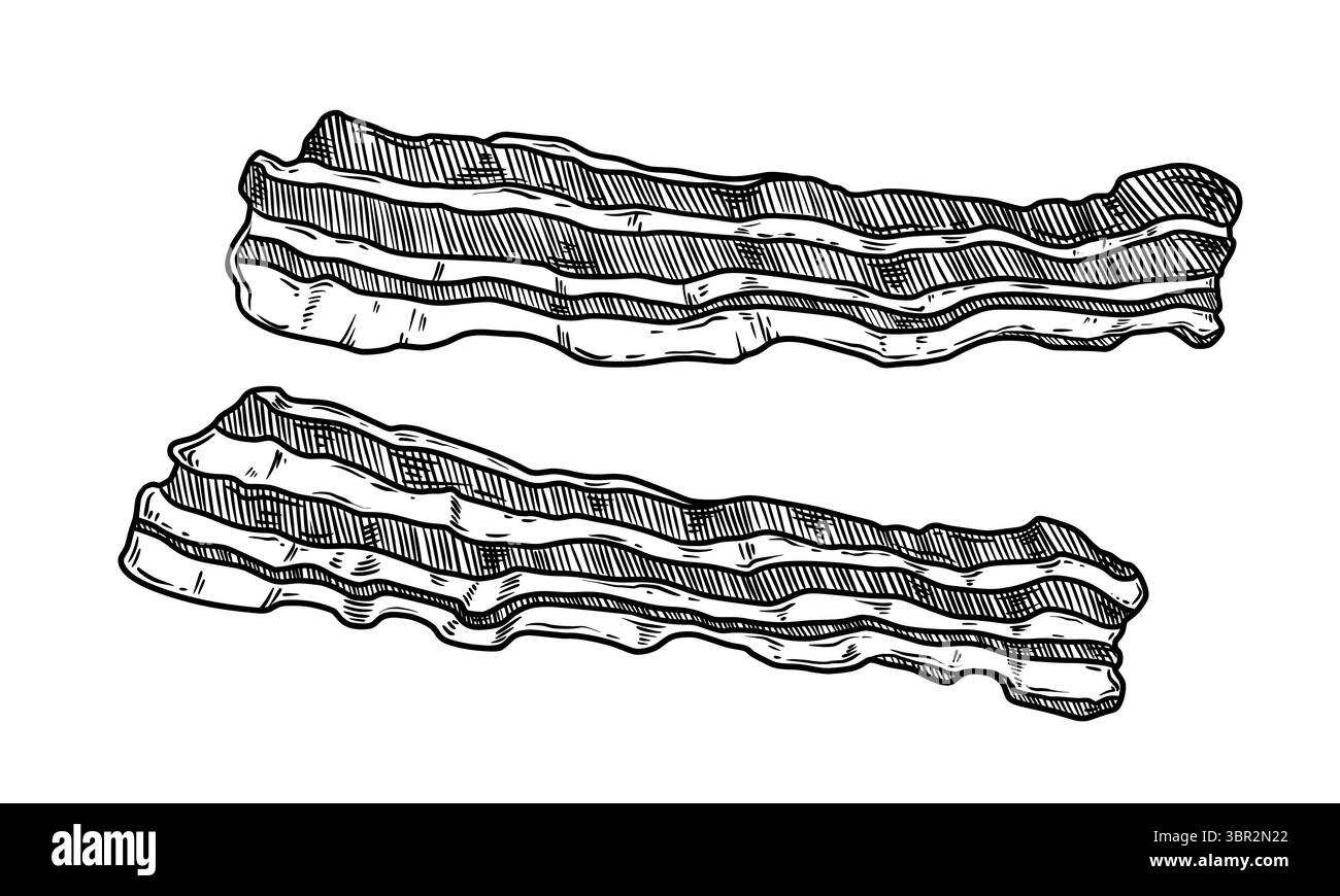 Bacon due fette croccanti illustrazioni di cibo in stile grafico line art. Contorno disegnato a mano dell'elemento del pasto a base di carne per la colazione. Perfetto per la creazione di menu Illustrazione Vettoriale