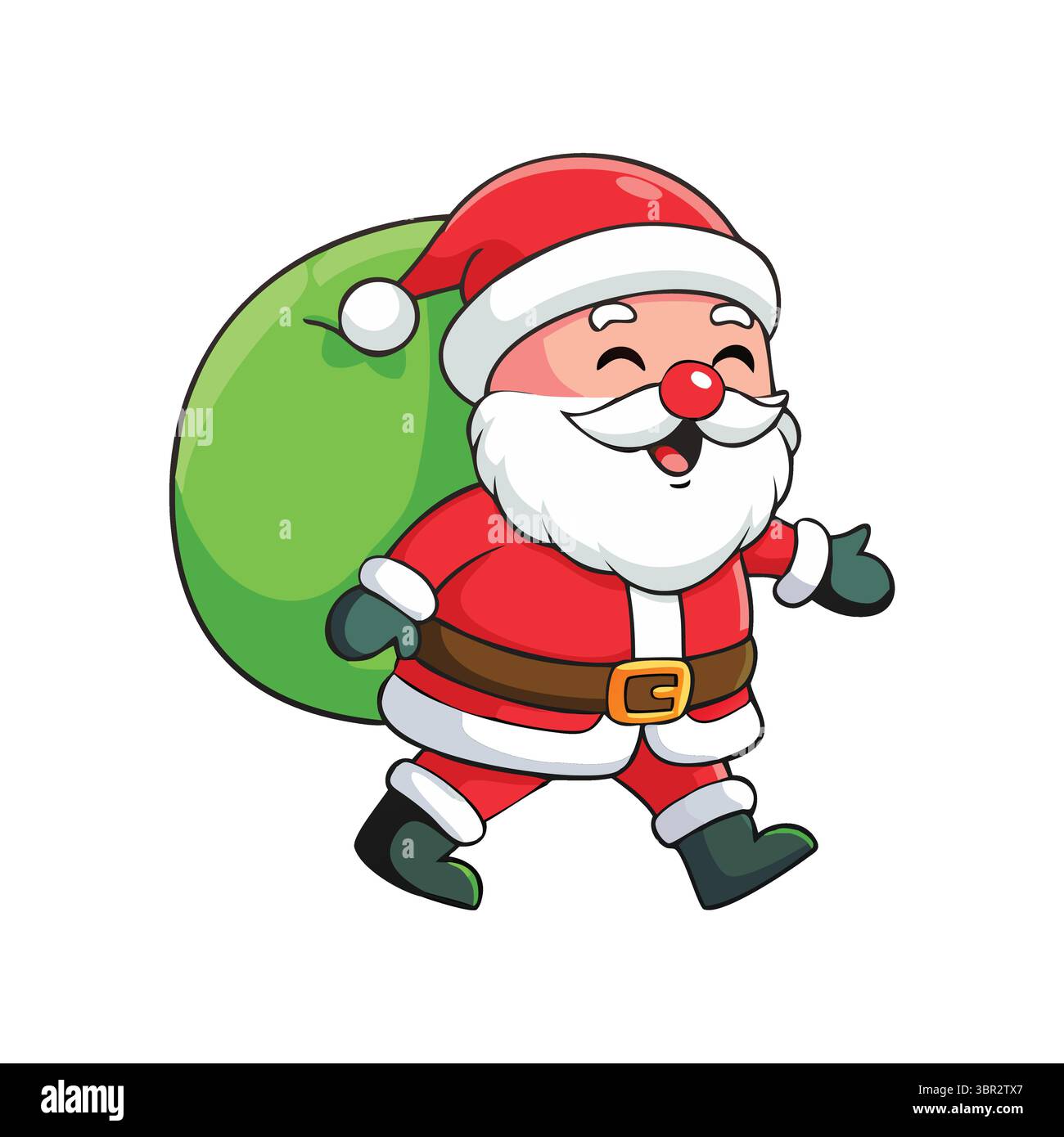 "Babbo Natale cartoni animati con borsa verde e naso rosso" Illustrazione Vettoriale