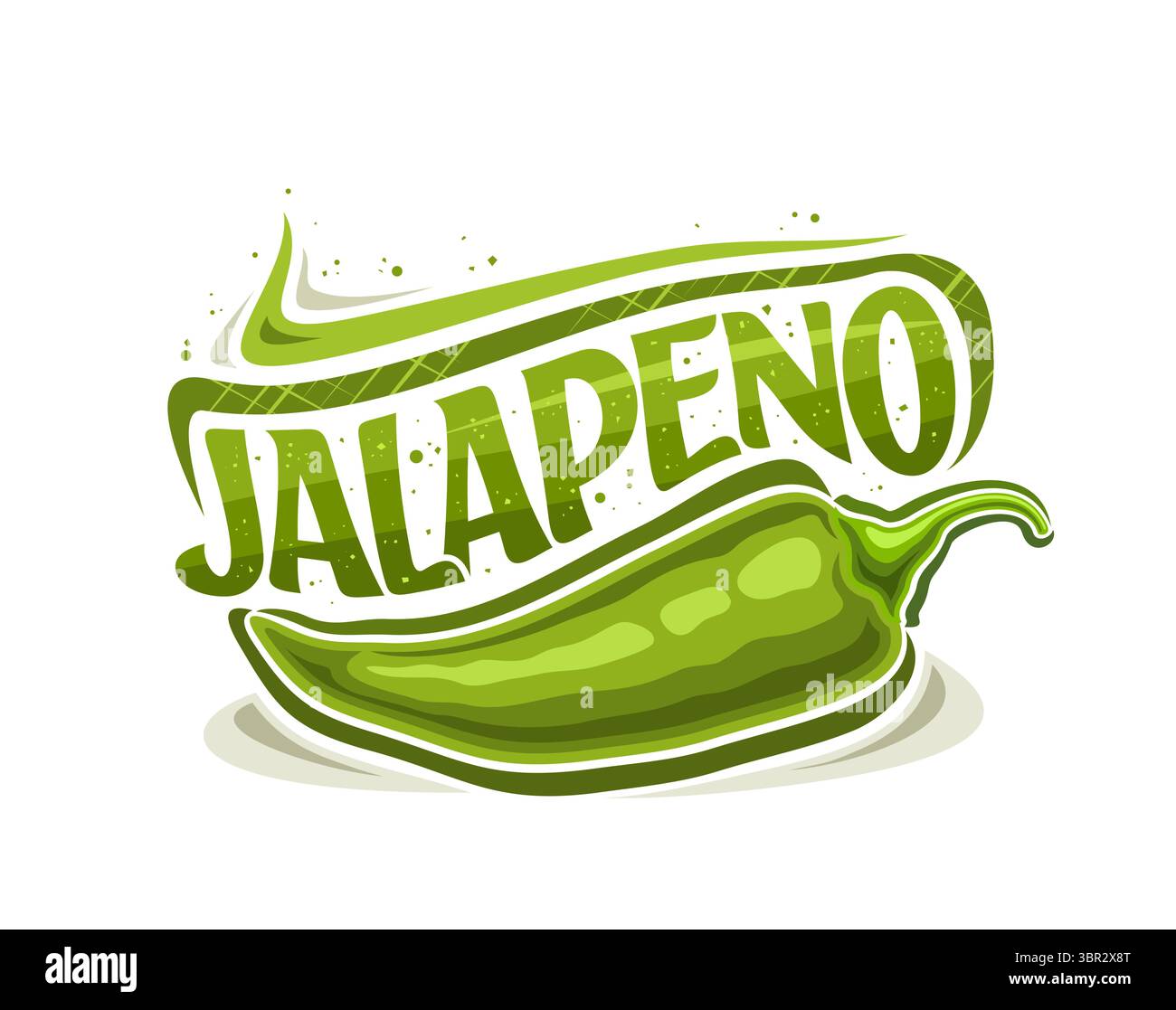 Logo vettoriale per Jalapeno, poster decorativo orizzontale con disegno a cartoni animati pepe jalapeno verde e scritta a pennello unica per testo verde jalapeno ON Illustrazione Vettoriale