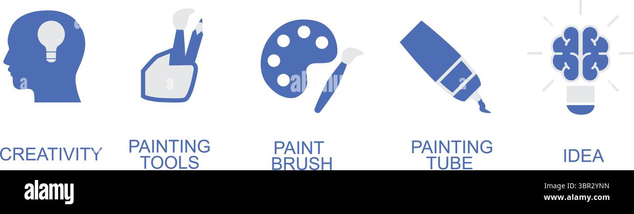 Un set di 5 icone come creatività e strumenti di pittura Illustrazione Vettoriale