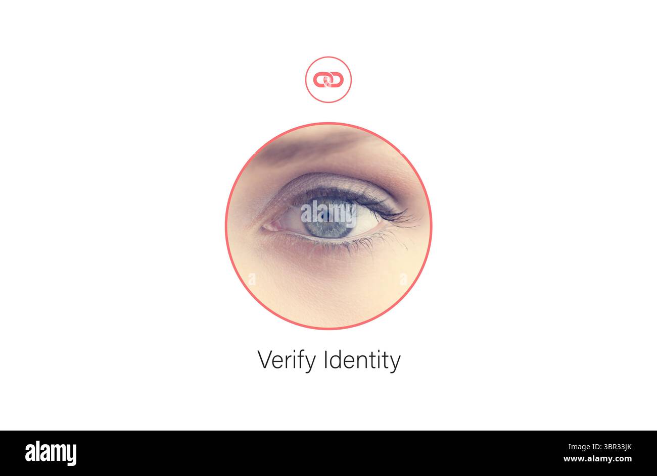 Interfaccia biometrica che mostra l'occhio in primo piano in un design piatto, icona rossa con collegamento a catena, verifica testo identità Foto Stock