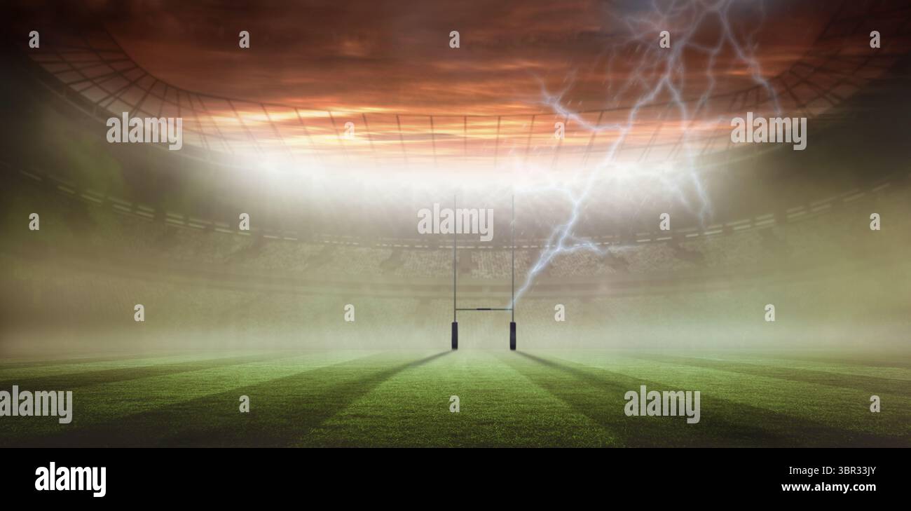 I pali di porta in stile Rugby vengono colpiti da un fulmine nel design piatto di uno stadio con un campo di erba nebbiosa Foto Stock