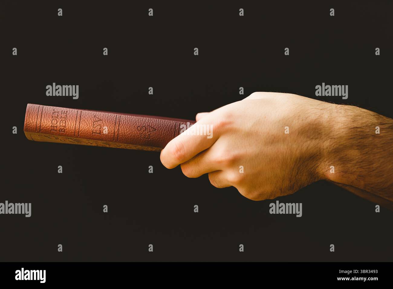 Primo piano della mano che tiene la Bibbia Foto Stock