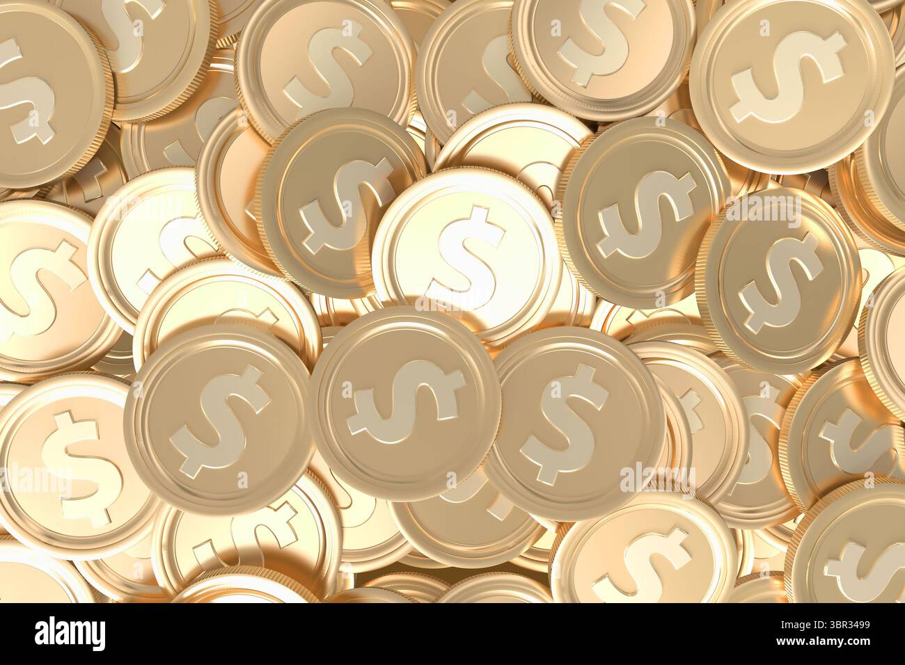 Una fitta pila di monete in rilievo con simboli del dollaro viene mostrata nel rendering digitale in studio Foto Stock