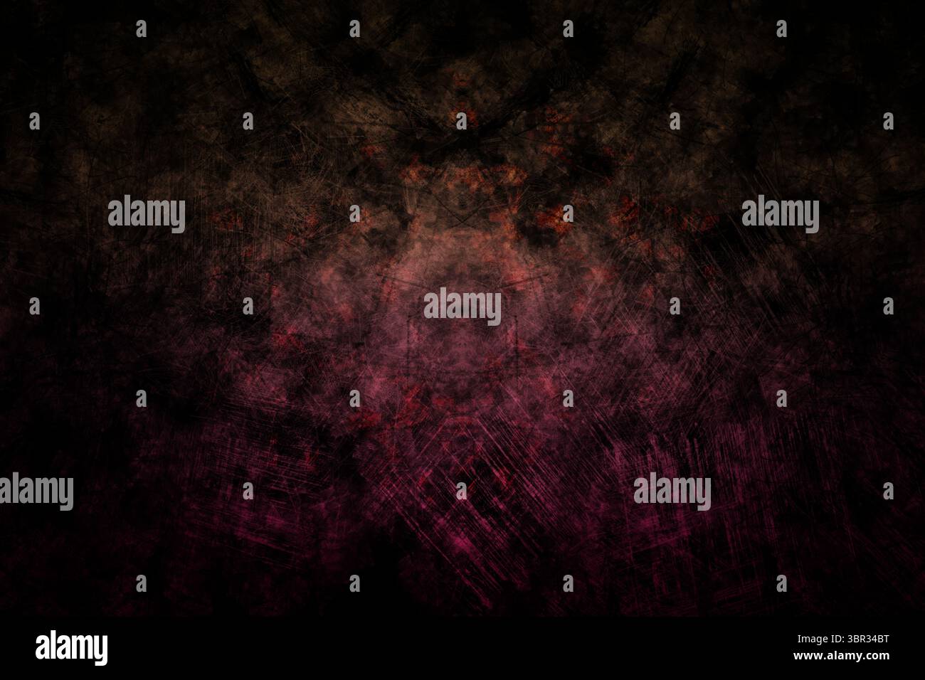 La texture grunge astratta riempie la cornice con graffi sbalzati e sfumature di rosso viola Foto Stock