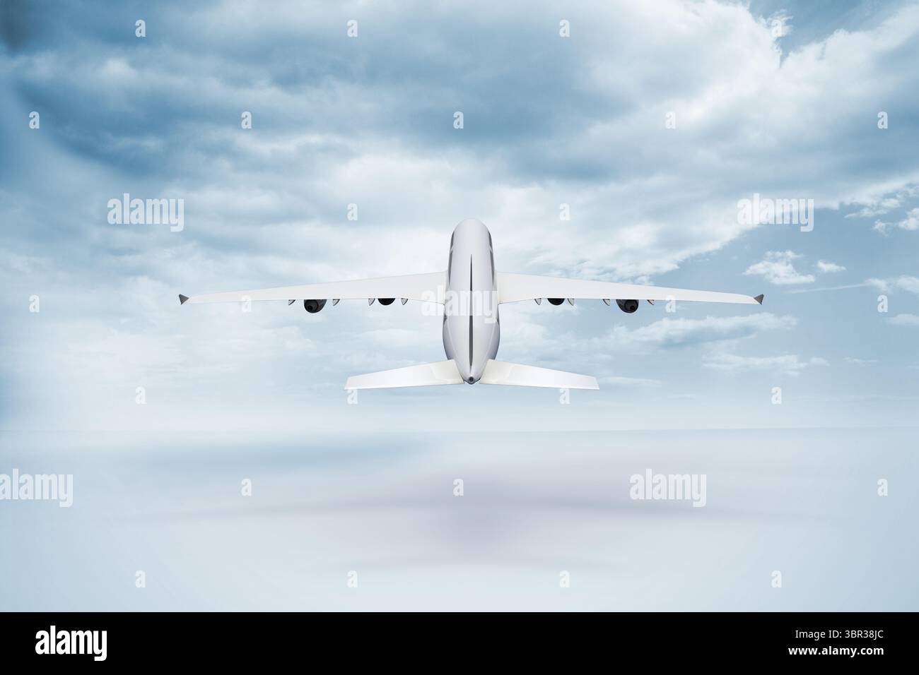 Il grande aereo bianco sta volando sopra le nuvole in un design piatto, mostrando fusoliera, ali e motori Foto Stock