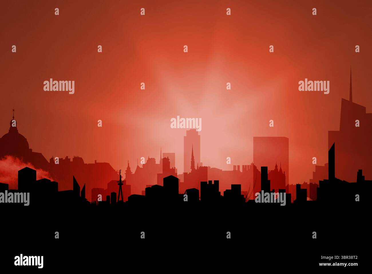 Lo skyline della città è caratterizzato da un design piatto, con un cielo sfumato rosso-arancione e raggi del sole Foto Stock