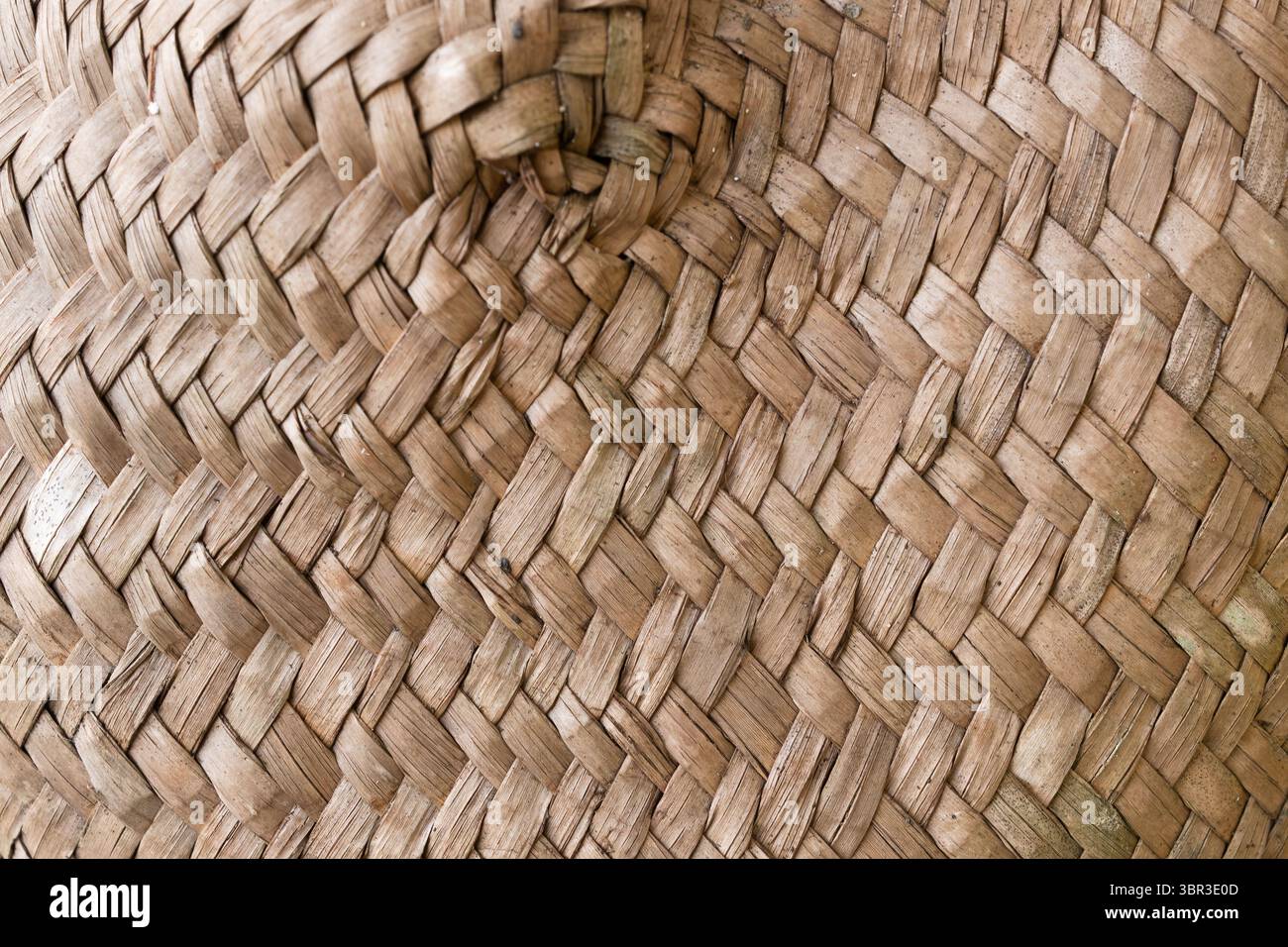 Una vista dettagliata delle fibre di nocciola intrecciate che formano un cesto intrecciato, rivelando un'intricata trama artigianale e evocando la delicata eredità della tradizione. Foto Stock