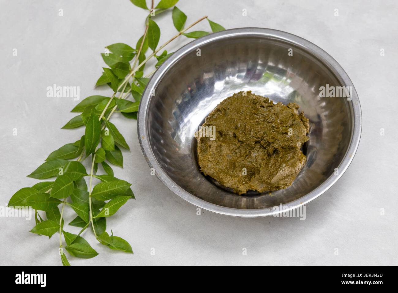 Pasta verde brillante di foglie di henné in una ciotola d'acciaio, con foglie fresche di Lawsonia inermis disposte accanto ad essa. Ingredienti naturali biologici per prodotti di bellezza. Foto Stock