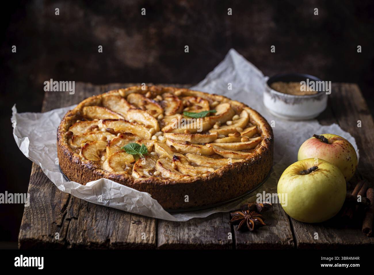 Deliziosi piatti fatti in casa freschi di forno rustico torta di Apple su sfondo scuro Foto Stock