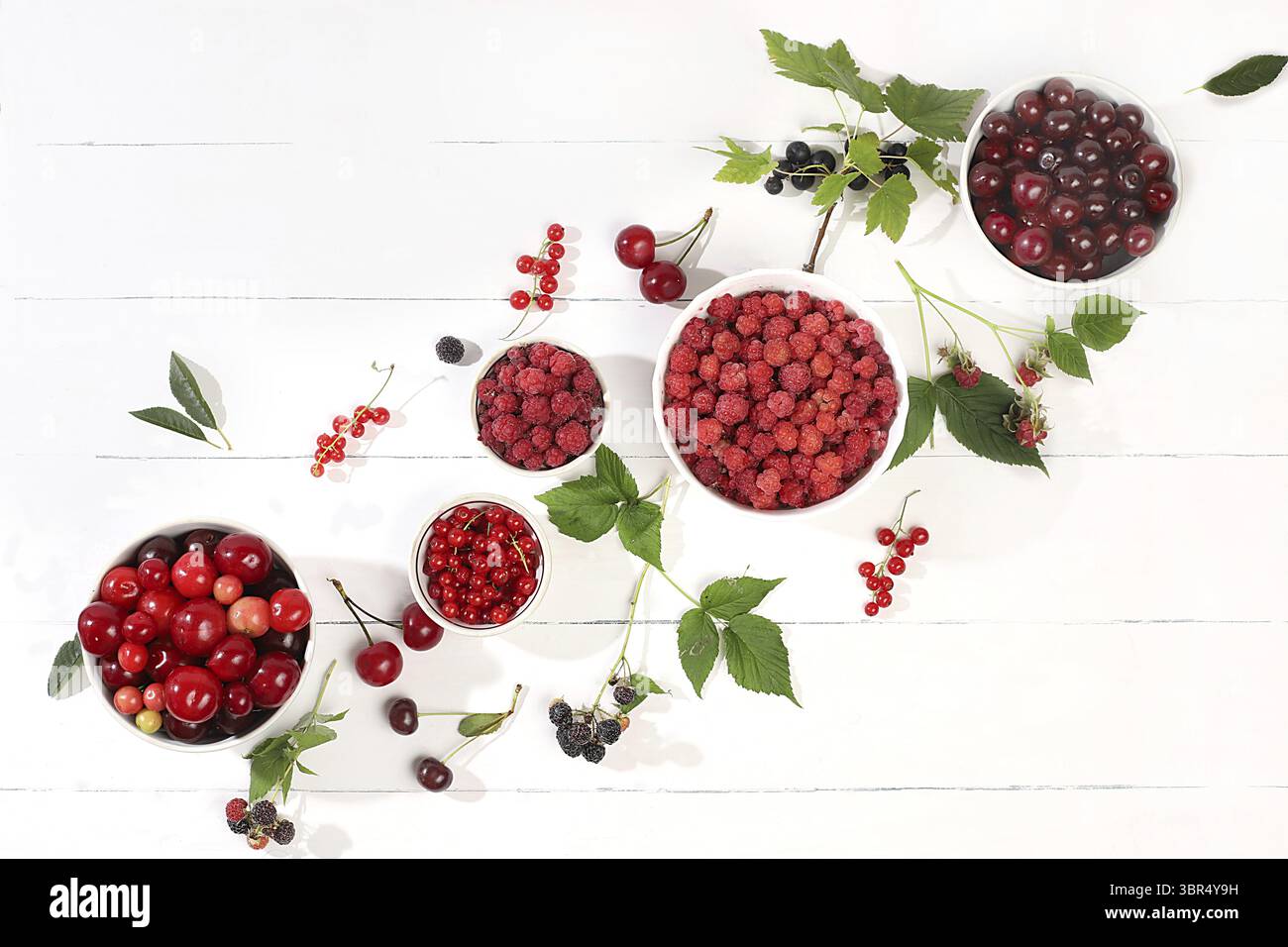 Ciliegie fresche estive, ribes e lamponi su sfondo di legno chiaro con foglie, striscioni e pubblicità di negozi, raccolta del villaggio, natu salutare Foto Stock