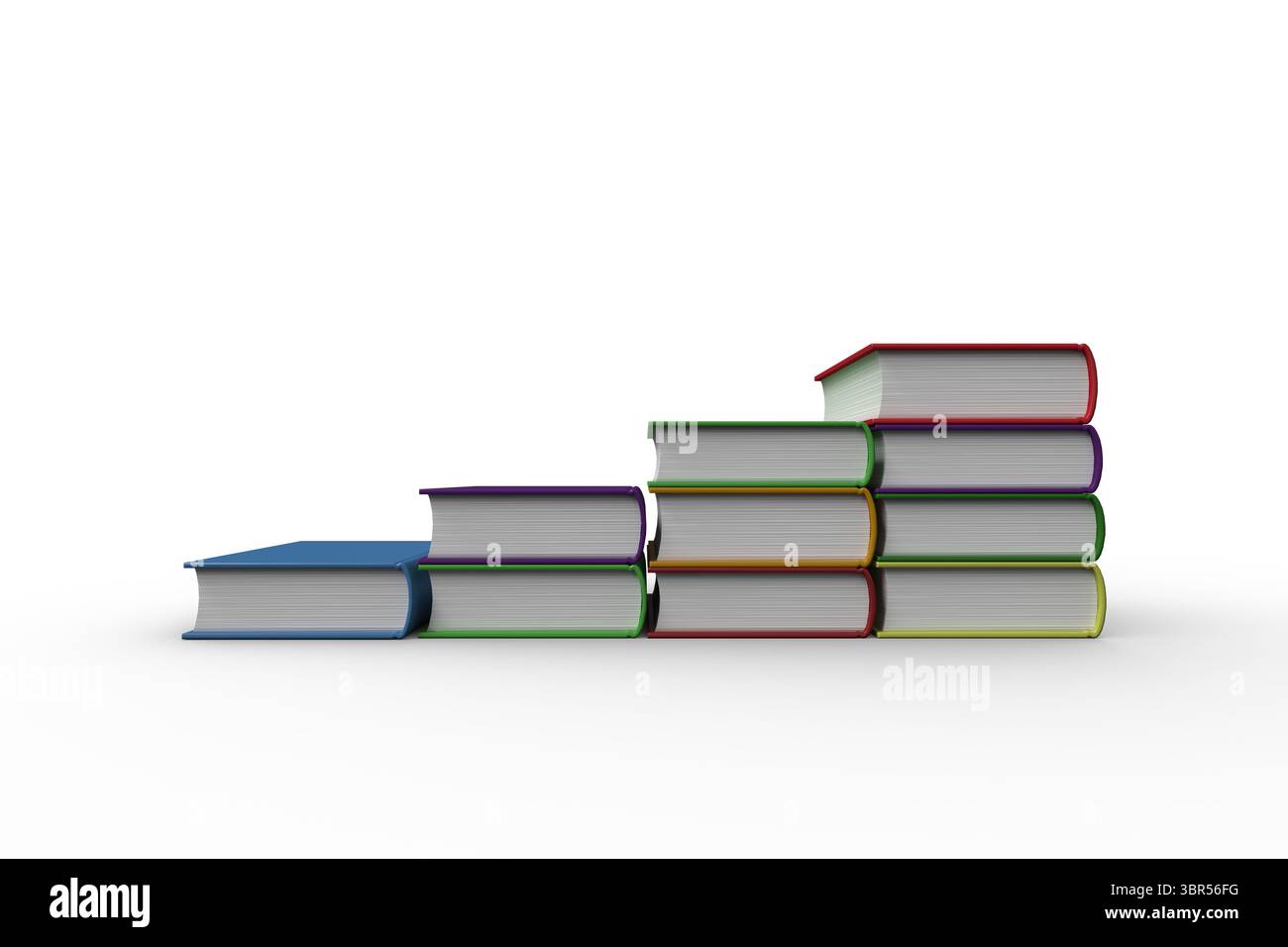 I libri con copertina rigida colorata sono in aumento con una formazione a gradini su sfondo bianco nel rendering 3D. Foto Stock