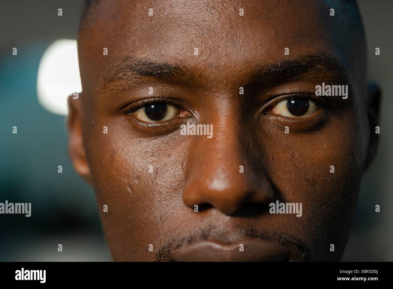 Uomo afro-americano che guarda la fotocamera in studio con una luce direzionale morbida che mostra la texture della pelle Foto Stock