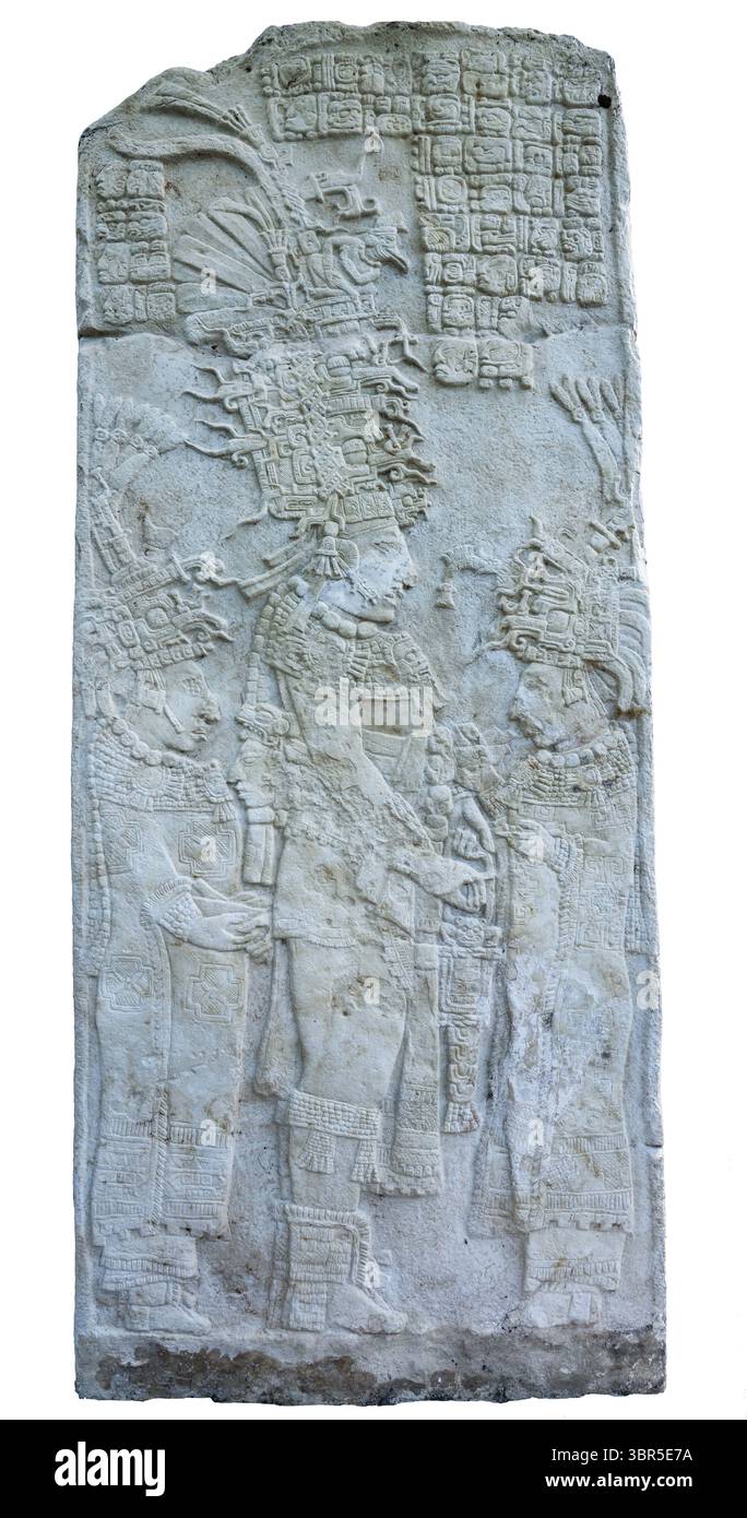 25 gennaio 2018, Bonampak Ruins, Chiapas, Messico: Stela 2 mostra che Chaan Muan II raffigura un rituale di auto-sacrificio. Di fronte c'è sua madre, che tiene una spina dorsale puzzolente, e sua moglie, Lady Rabbit, è dietro, tenendo le carte piegate per catturare il sangue. Rovine maya di Bonampak, Chiapas, Messico. (Immagine di credito: © Jon G. Fuller/VW Pics tramite filo ZUMA) Foto Stock