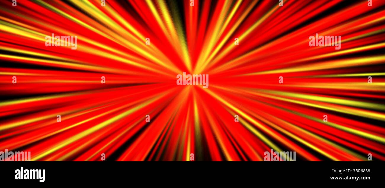 Sfondo a raggi luminosi arancioni radiali Sunburst. Raggi di sole arancioni, esplosione dinamica di energia brillante per l'estate, fumetti, design per le vacanze, poster Illustrazione Vettoriale