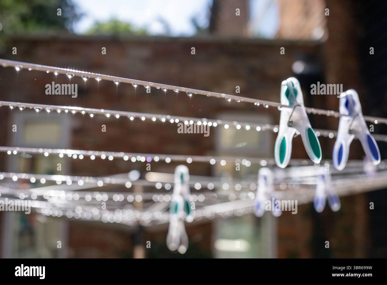 Clotespidi colorati su una linea di lavaggio rotante che porta molte gocce d'acqua scintillanti alla luce del sole Foto Stock