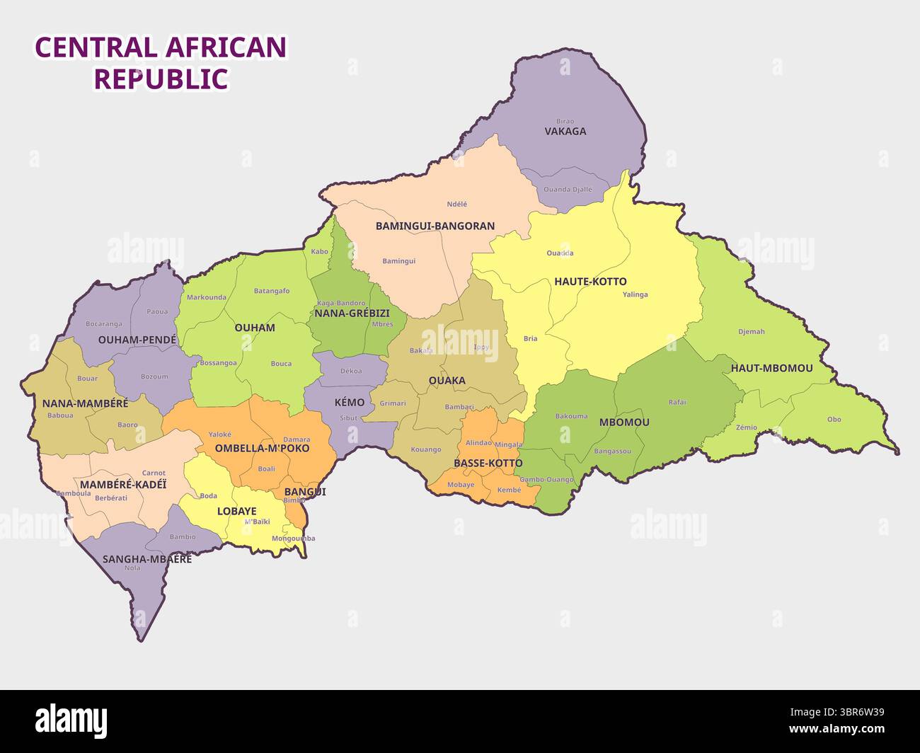 Mappa dei comuni della Repubblica Centrafricana e delle divisioni amministrative Illustrazione Vettoriale
