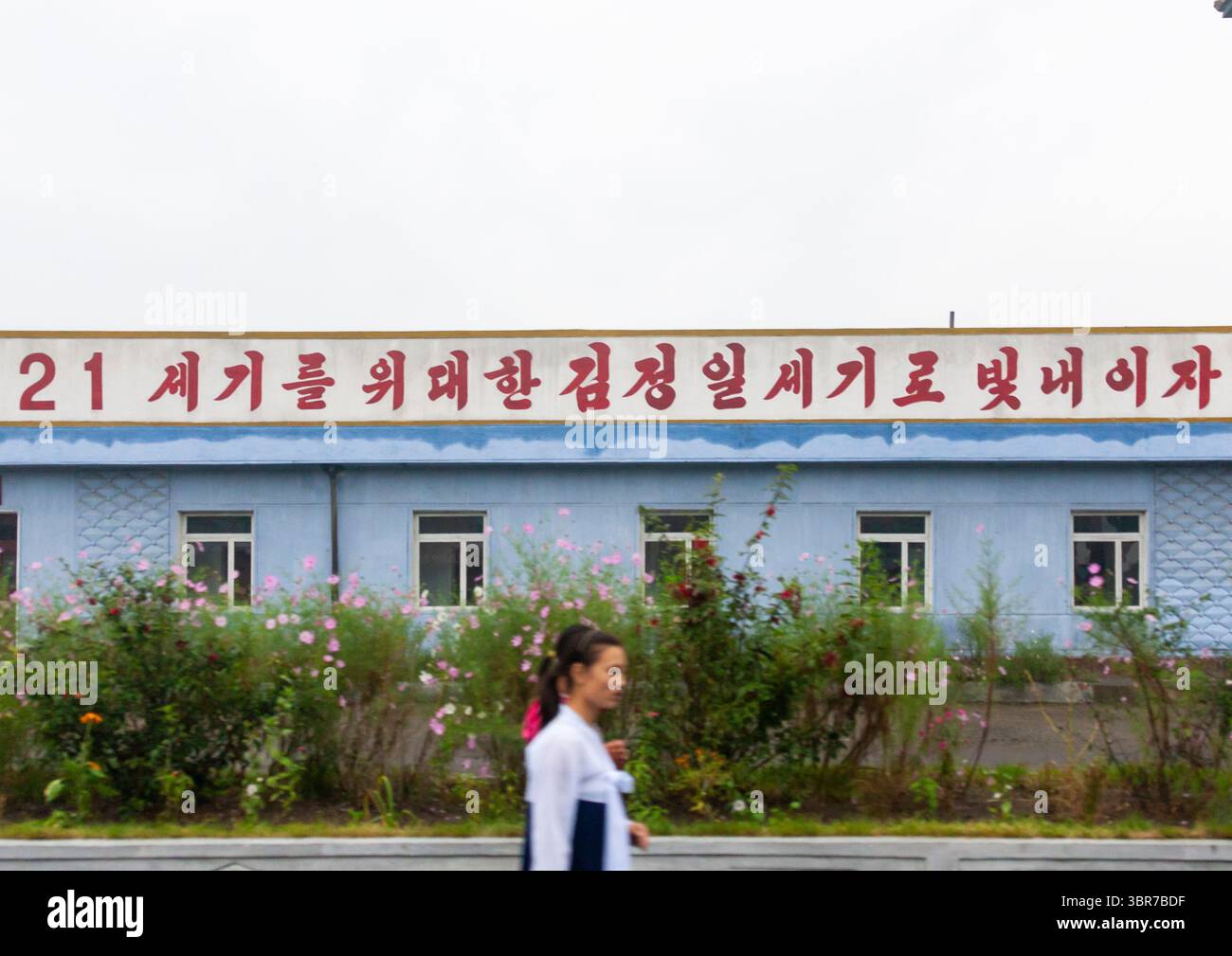 Donne che passano di fronte a un cartellone propagandistico del 21° secolo, Hamgyong meridionale, Hamhung, Corea del Nord Foto Stock