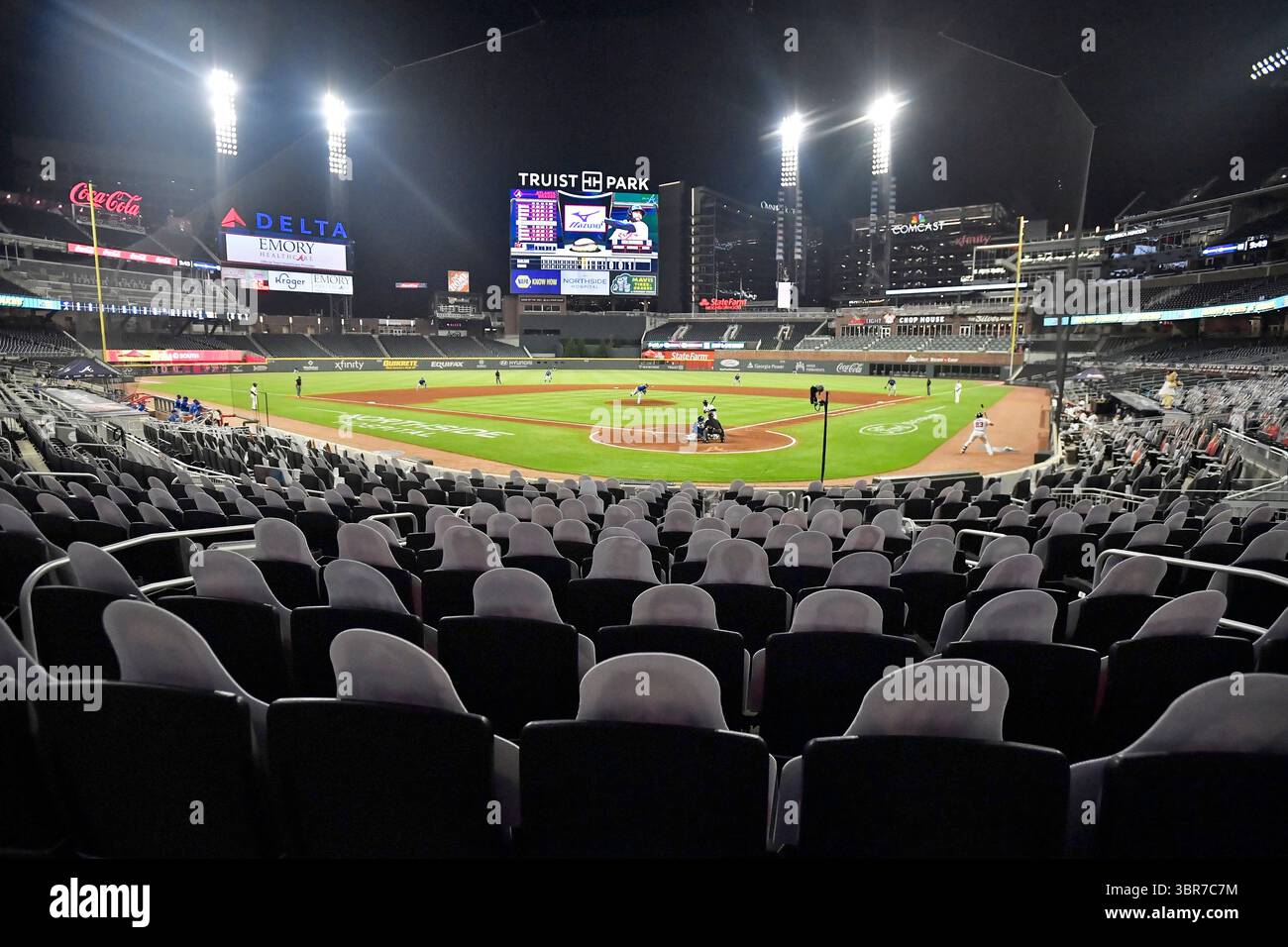 6 agosto 2020: Gli Atlanta Braves giocano contro i Toronto Blue Jays in una partita della MLB al Truist Park di Atlanta, Georgia. Austin McAfee/CSM(immagine di credito: &Copy; Austin McAfee/CSM tramite cavo ZUMA) Foto Stock