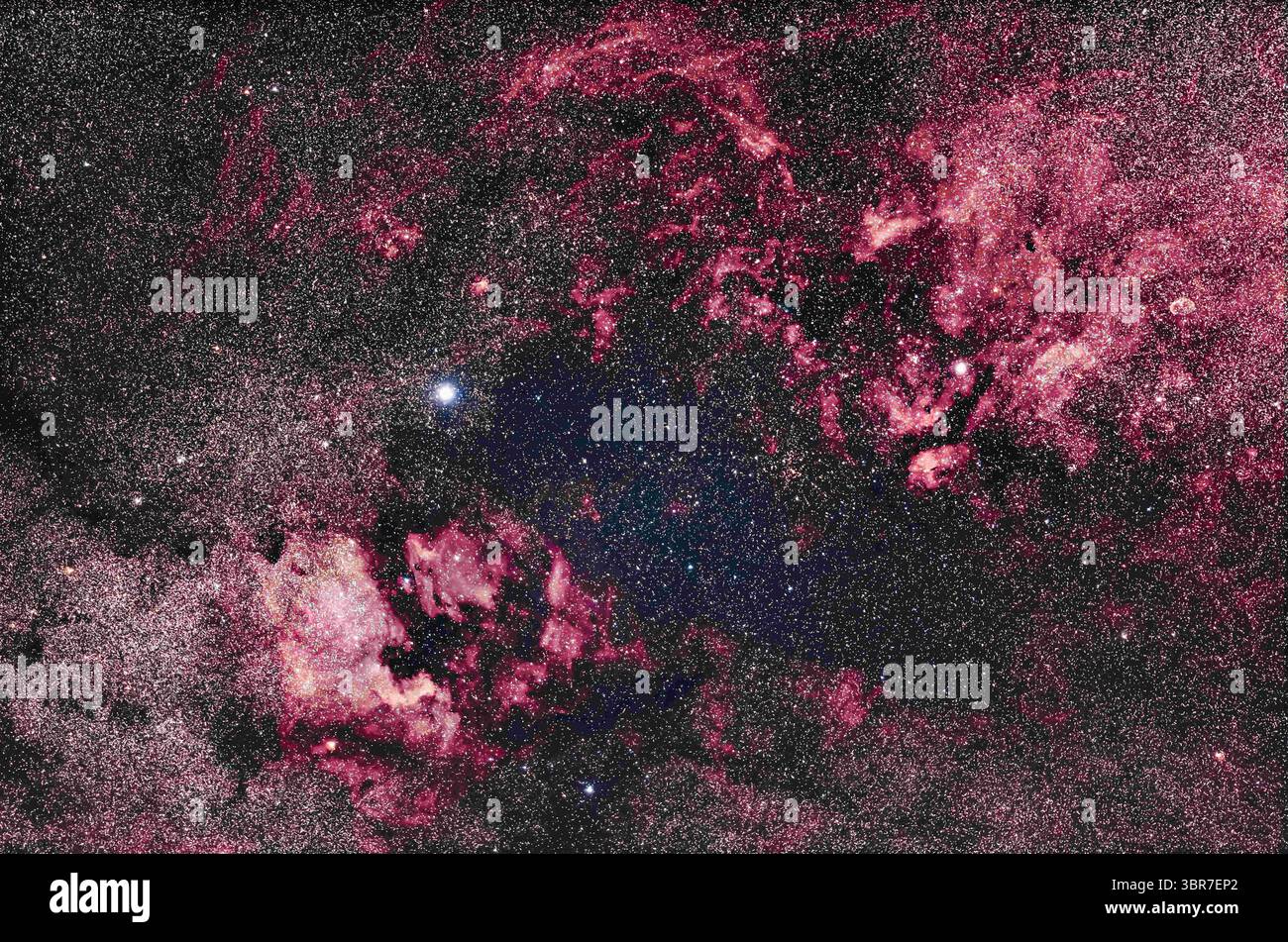 10 giugno 2020, Alberta, Canada: Questa è la ricca nebulosità di Cygnus catturata a colori ma con una miscela di immagini non filtrate e filtrate per un mix ha-RGB per far emergere la debole nebulosità...in basso a sinistra si trova la regione della Nebulosa del Nord America, NGC 7000, e in alto a destra si trova il complesso intorno a gamma Cygni, chiamato IC 1318. All'estrema destra si trova la Crescent Nebula, NGC 6888. La stella luminosa Deneb è rimasta al centro...questo è con il teleobiettivo Canon serie L da 135 mm completamente aperto a f/2 e con la fotocamera Canon EOS Ra sensibile al rosso, tracciata ma senza guida, per:- una pila di 6 esposizioni di 2 minuti a ISO Foto Stock