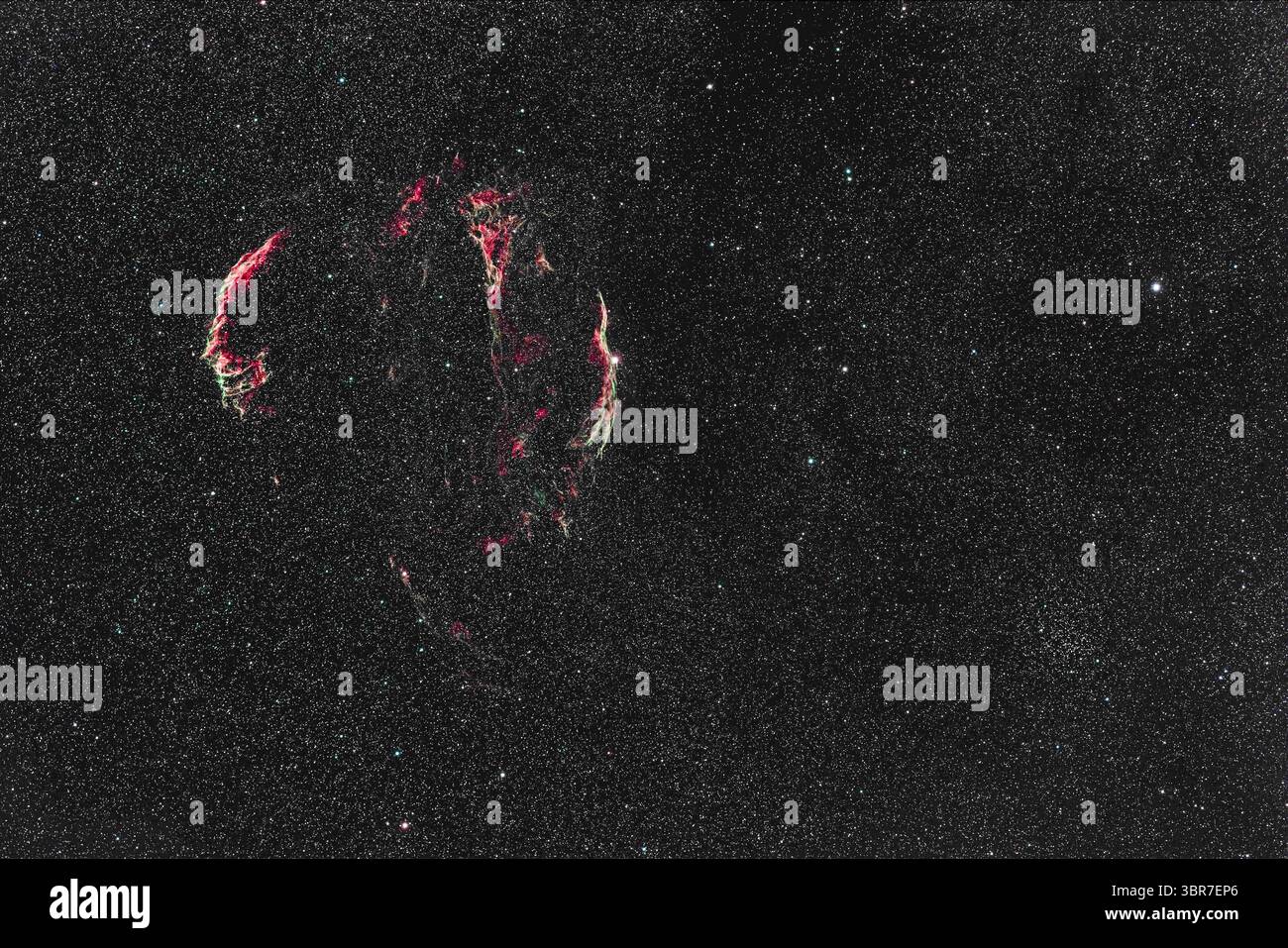 28 maggio 2020, Alberta, Canada: I resti della supernova a Cygnus variamente chiamati Nebula del Veil, Nebulosa della rete, Nebulosa del Lacework o Cygnus Loop. Nelle vicinanze si trova il luminoso e grande ammasso stellare NGC 6940 oltre il confine a Vulpecula. È ovvio nei binocoli, ma non spesso registrato nello stesso fotogramma del velo. Ma l'ampio campo del piccolo astrografo RedCat è ideale per inquadrare tali campi stellari della via Lattea. Questo mostra sia la metà orientale che quella occidentale del velo, così come i piccoli pezzi tra di loro come la componente prominente del triangolo di Pickeringâ. Questo è uno stack di 7 esposizioni Foto Stock