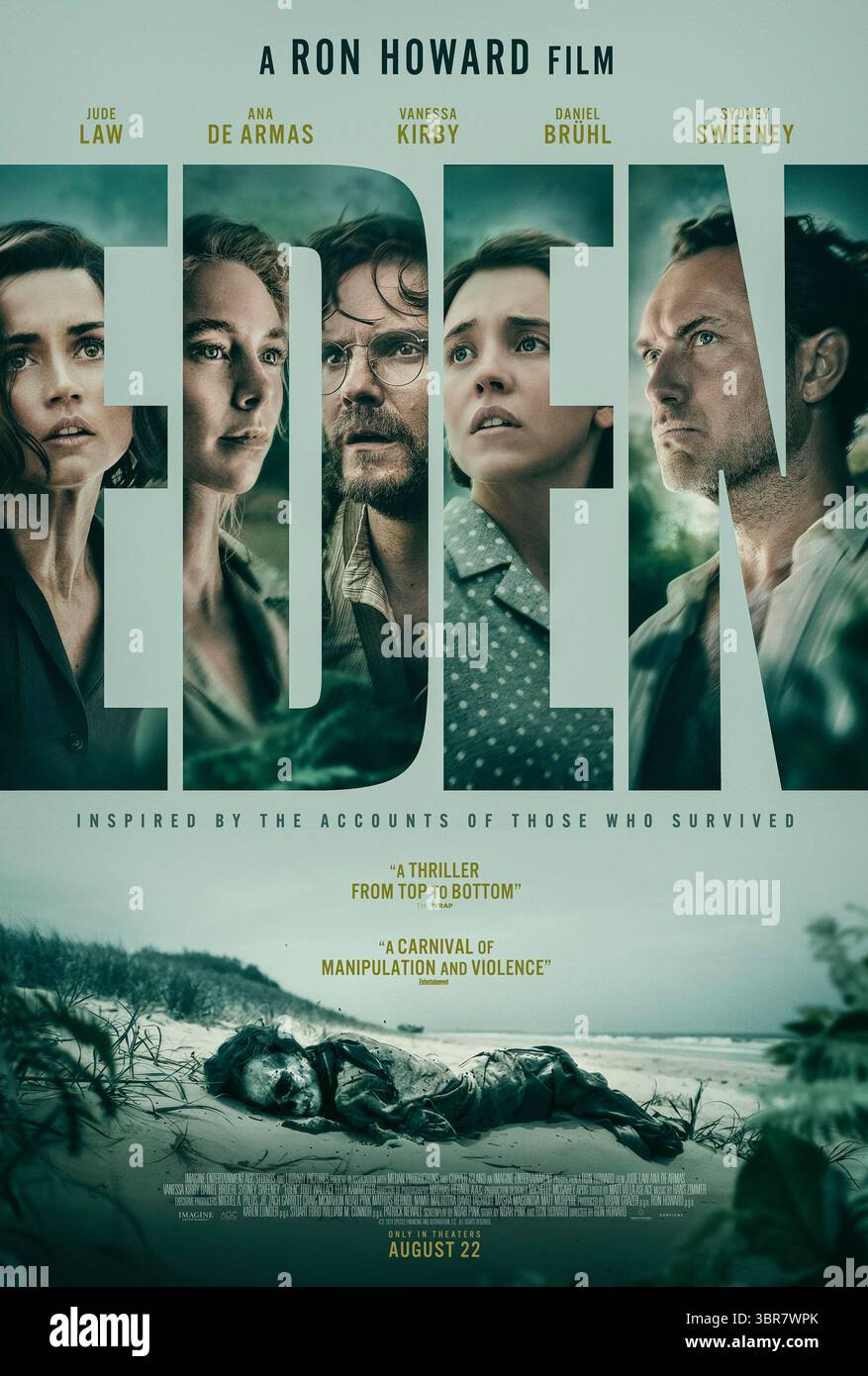 Eden (2024) diretto da Ron Howard e interpretato da Jude Law, Ana de Armas e Vanessa Kirby. Basato sulla vera storia dei coloni europei che, tra la fine degli anni '1920 e l'inizio degli anni '1930, cercarono di creare la propria utopia sull'isola Floreana nel Galápagos. I loro sogni idealistici si rivelano come conflitti personali, condizioni difficili e l'arrivo di nuovi coloni trasformano il paradiso in un campo di battaglia psicologico e fisico. USA SOLO PER USO EDITORIALE DI un foglio di poster. Credito: BFA / verticale Foto Stock