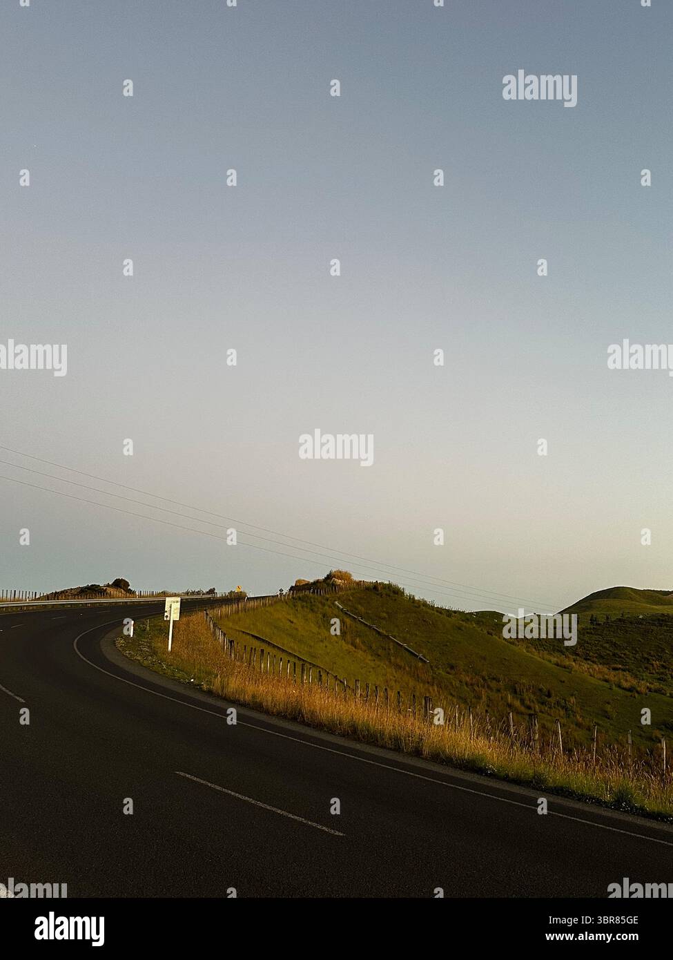 La strada vuota si snoda attraverso le colline dorate di Whanganui sotto un cielo color pastello all'alba, girato su iPhone, catturando la pura serenità neozelandese - Immagine stock catturata con smartphone