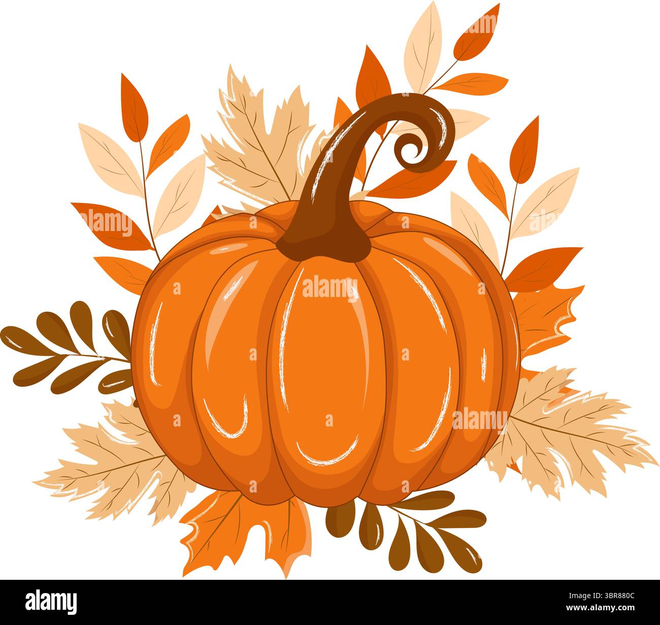 Composizione vettoriale con zucca arancione e foglie autunnali su sfondo bianco. Illustrazione autunnale stagionale perfetta per il Ringraziamento, biglietti, decorazioni, striscioni e disegni a tema raccolto Illustrazione Vettoriale