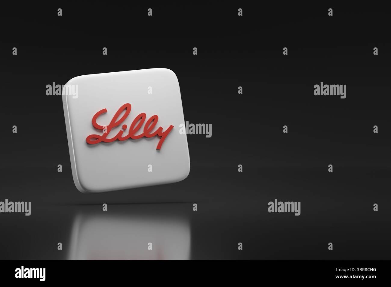 Buenos Aires, Argentina; 9 luglio 2025: Logo Lilly in tre dimensioni con spazio copia. illustrazione 3d. Foto Stock