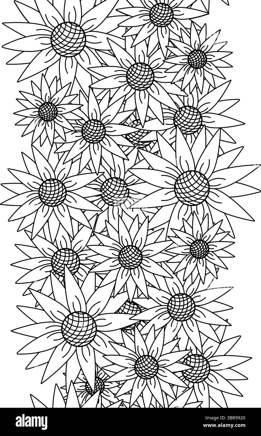 Bordo senza cuciture verticale girasole. Illustrazione della linea grafica vettoriale. design di disposizione delle ghirlande. Perfetto per carte, decorazioni, adesivi, logo, menu, Illustrazione Vettoriale