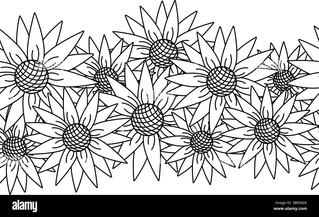 Bordo orizzontale senza cuciture girasole. Illustrazione della linea grafica vettoriale. design di disposizione delle ghirlande. Perfetto per carte, decorazioni, adesivi, logo, uomini Illustrazione Vettoriale